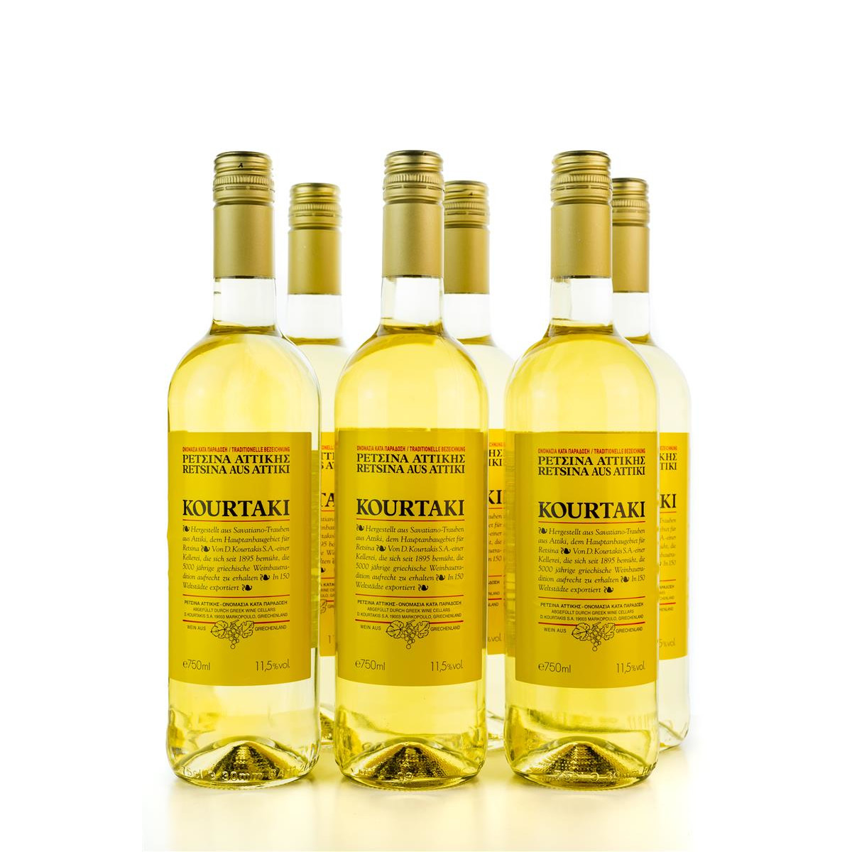 6x Retsina 750ml/12% Kourtaki gehartzter Wein aus Attika Savatiano