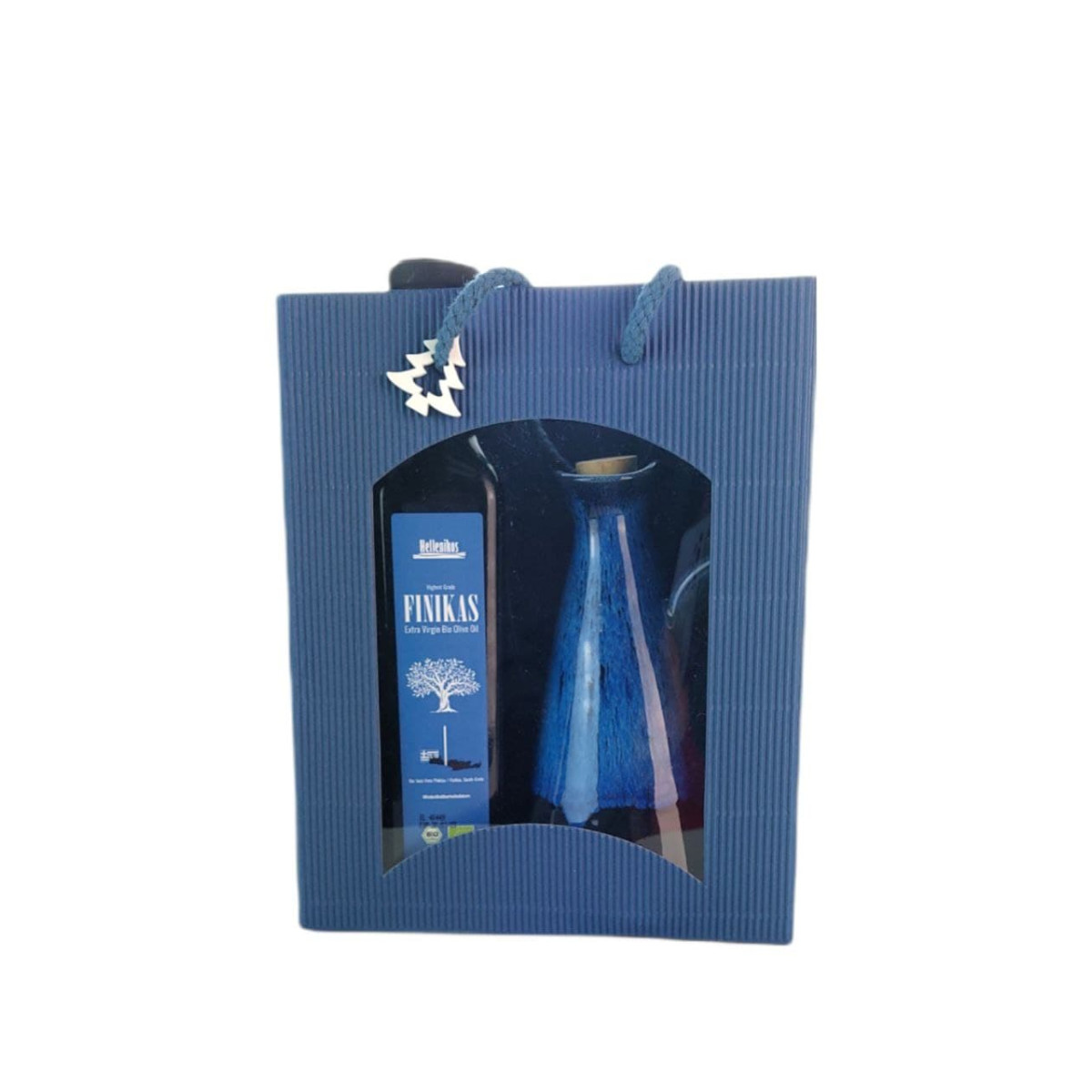 Geschenk Tasche Olivenöl mit Keramik Kanne Schwarz Blau