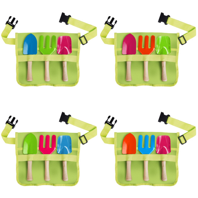 Esschert Design Kindergürtel Gartengeräte, Harke/Schaufel/Hand-Spaten, farbig sortiert, Farbwahl nicht möglich, Werkzeuggürtel mit Schnallennerschluss