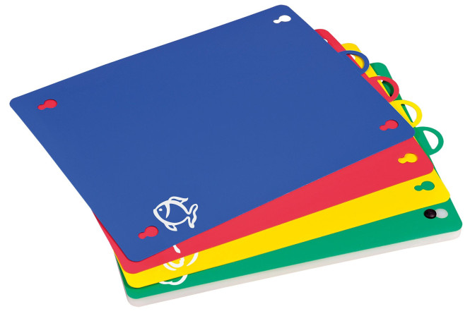 Kesper Schneidbrett-System mit 4 Schneidunterlagen, aus Kunststoff, je Lebensmittel eine extra Farbe, hochflexibel, spülmaschinengeeignet, bis 120°C