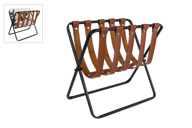 Rivanto® Zeitungsständer Rens mit Lederriemen, 30x27x22 cm, Metallrahmen schwarz, Halterung für Zeitschriften, Tageszeitungen