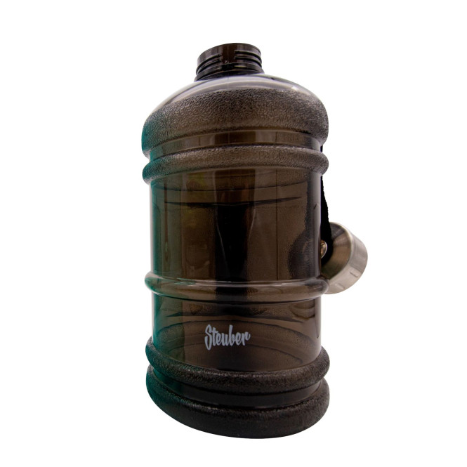 Steuber Jumbo Sport-Trinkflasche mit Edelstahldeckel, 2000 ml, mit praktischem Tragegriff, schwarz, mit Skala und Tragelasche