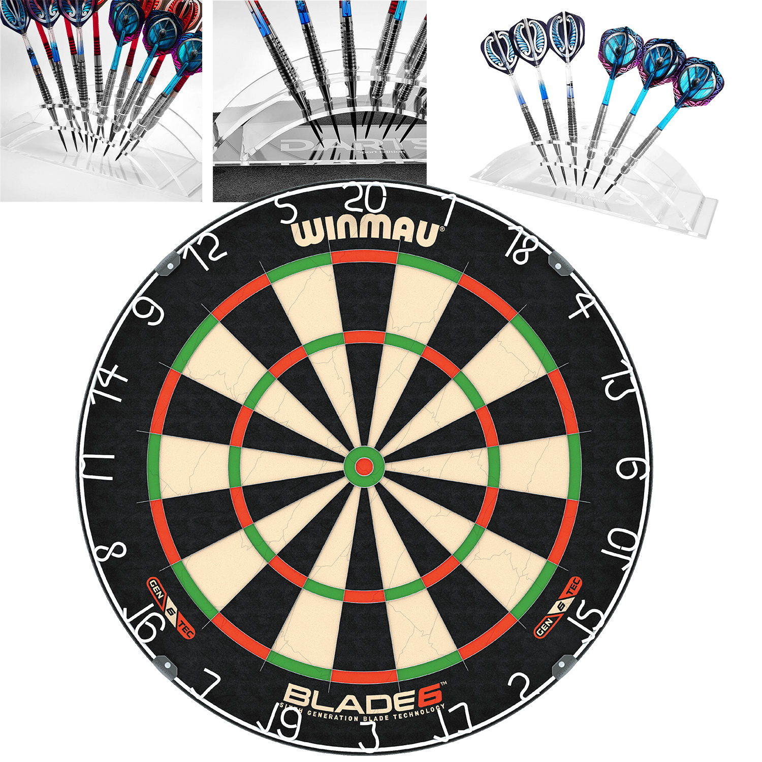 Winmau Blade 6 Set mit Dartst?nder Acryl, Dart Display (ohne Pfeile)