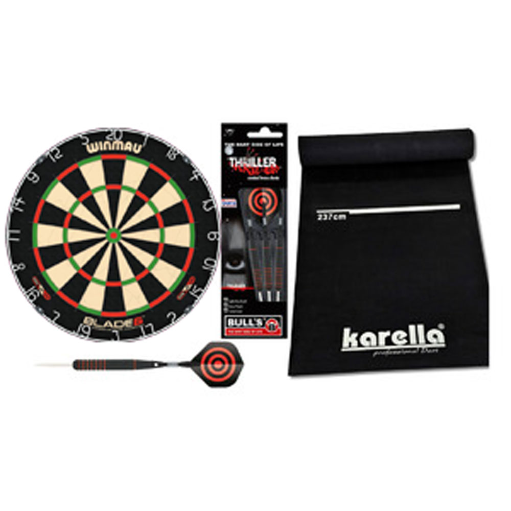 Winmau Blade 6 Dartboard Set mit Bull?s Thriller Steeldarts 23g und Dartmatte Karella Eco Star