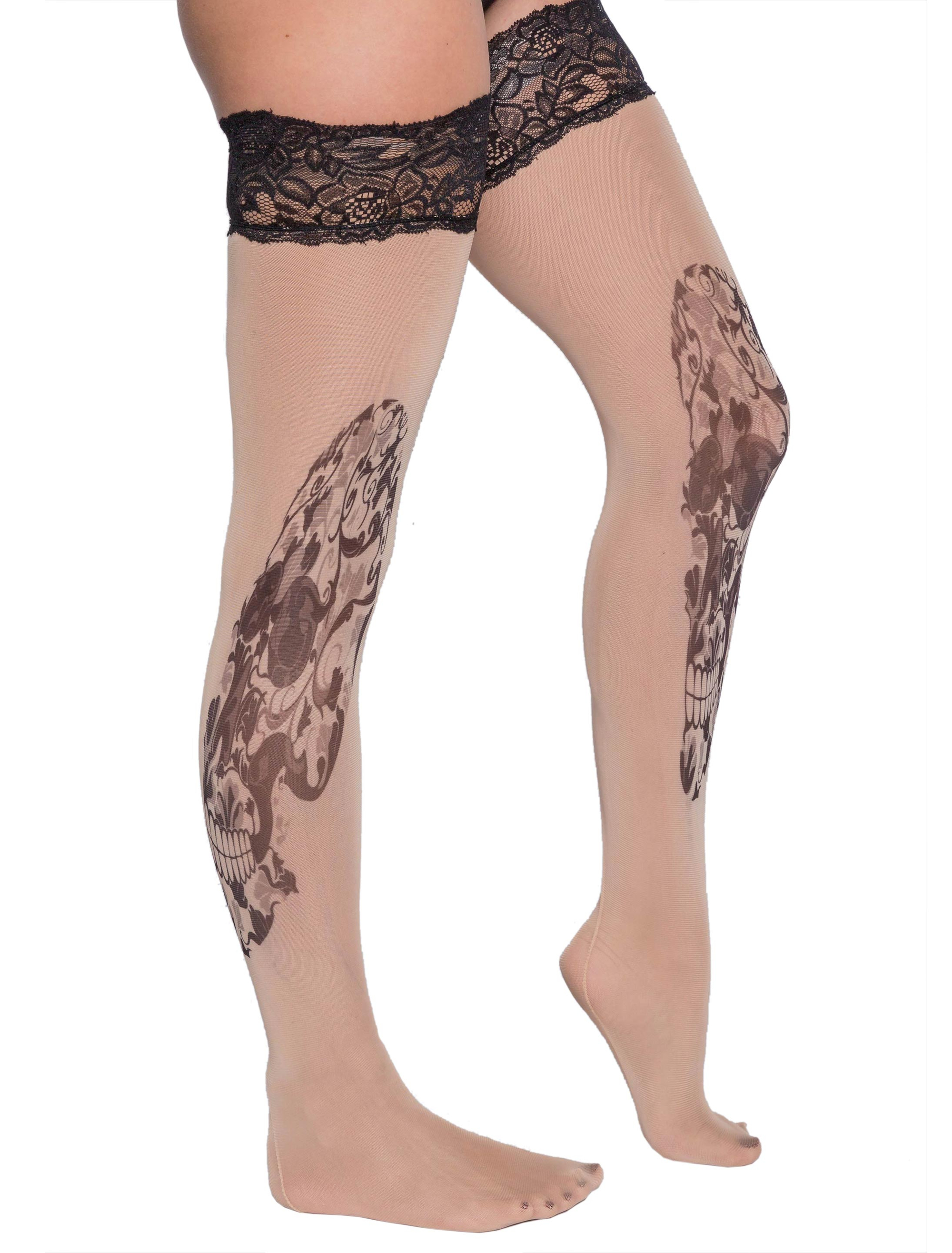 Kostümzubehör Overknee Strümpfe Tattoo Skull Farbe: transparent