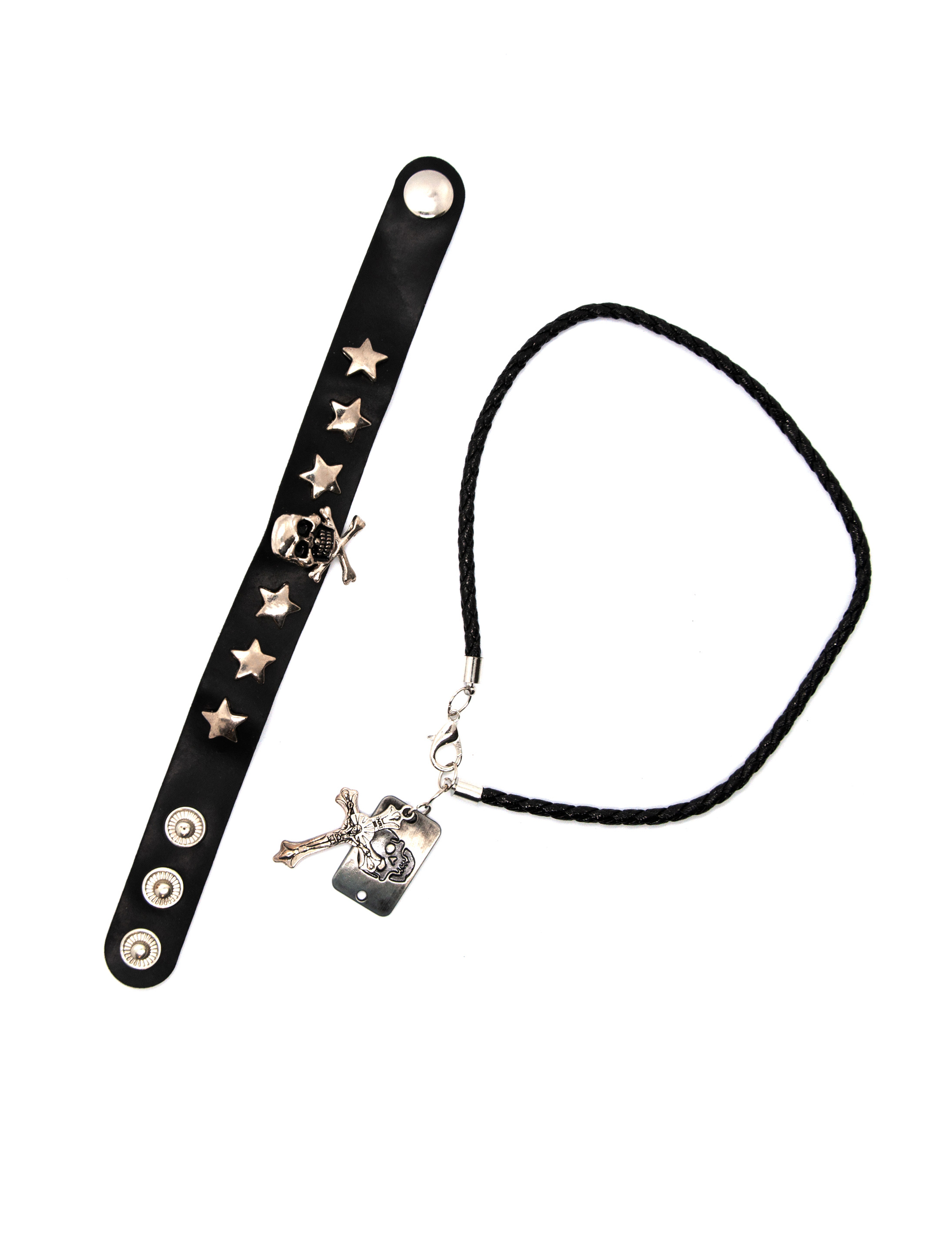 Kostümzubehör Armband Set Punker mit Totenköpfen Farbe: schwarz