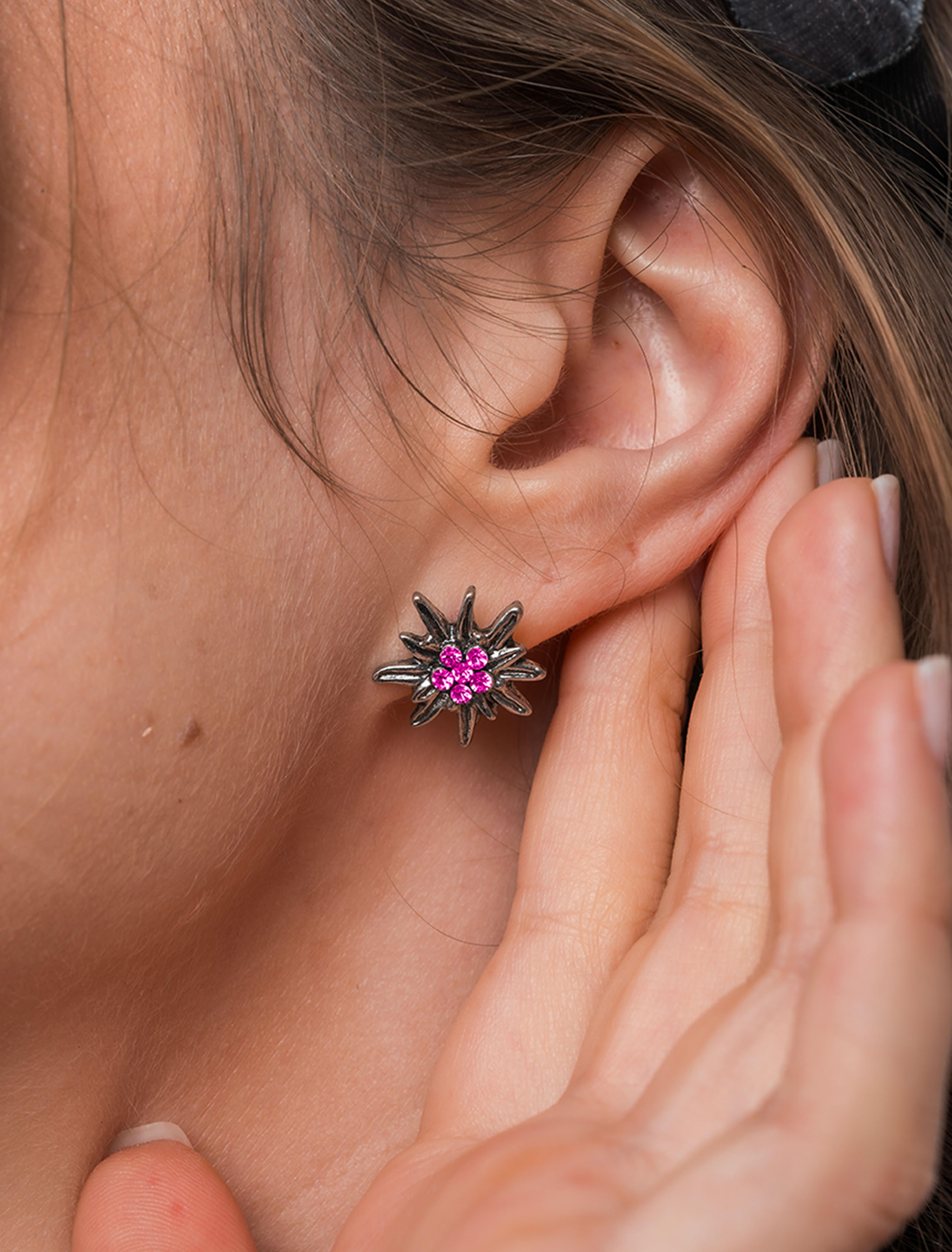 Kostümzubehör Ohrringe Edelweiß mit Strasssteinen pink/silber