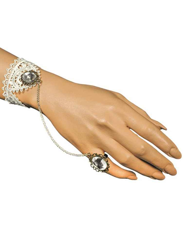 Kostümzubehör Handkette mit Ring weiß/silber