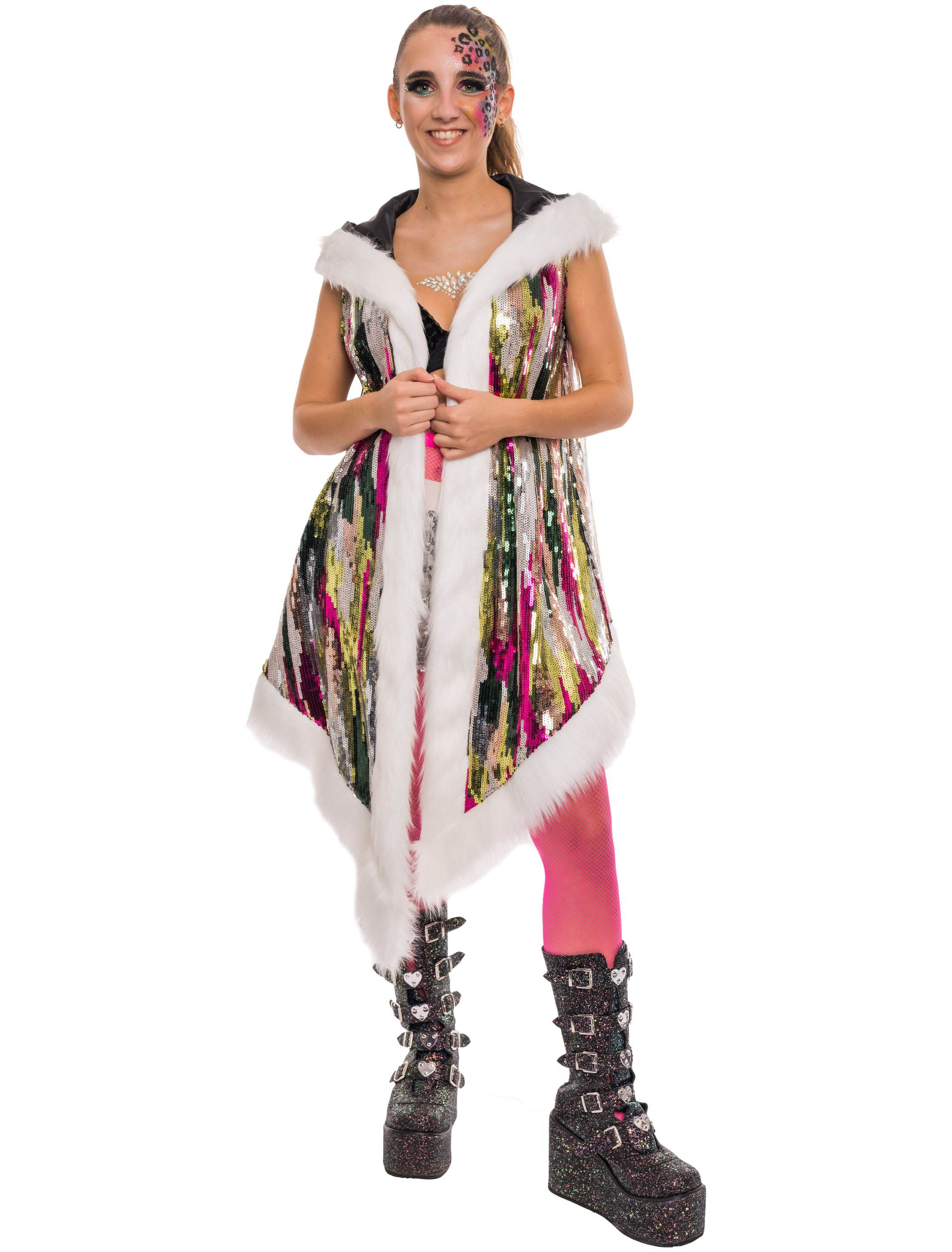 Weste Kunstfell mit Kapuze bunt L/XL Farbe: bunt