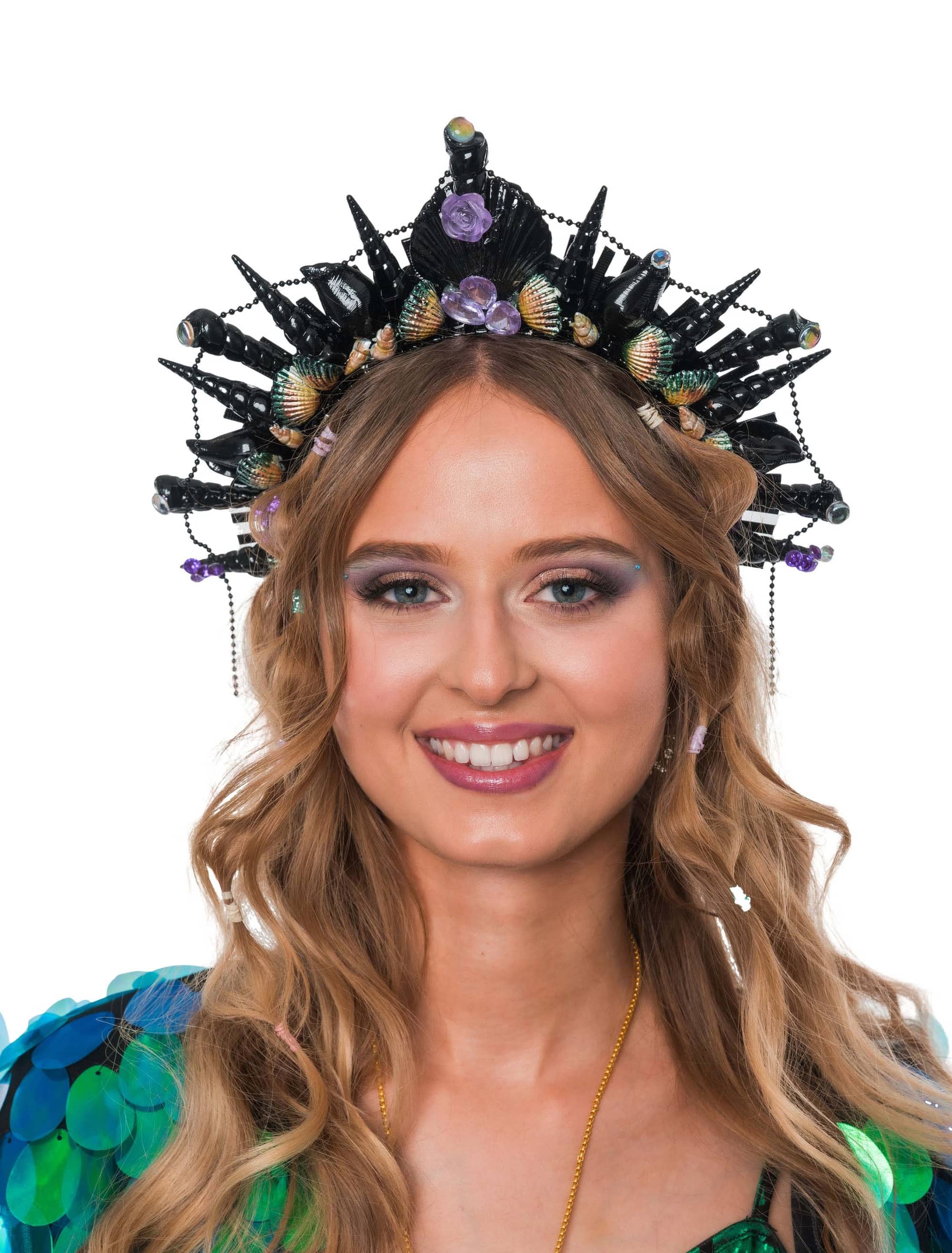 Kostümzubehör Haarreif Muscheln mit Strass und Kette schwarz/lila