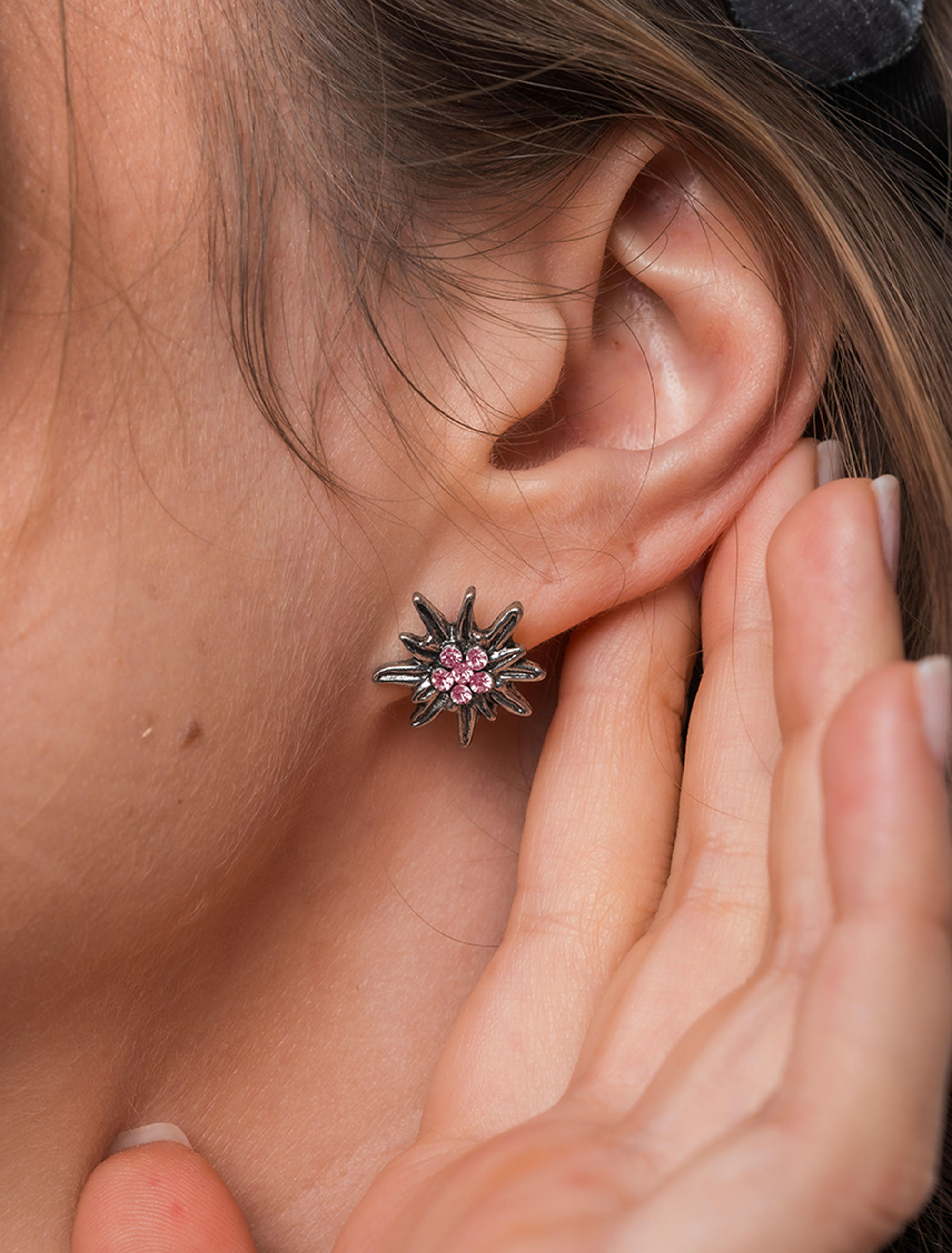 Kostümzubehör Ohrringe Edelweiß mit Strasssteinen rosa/silber