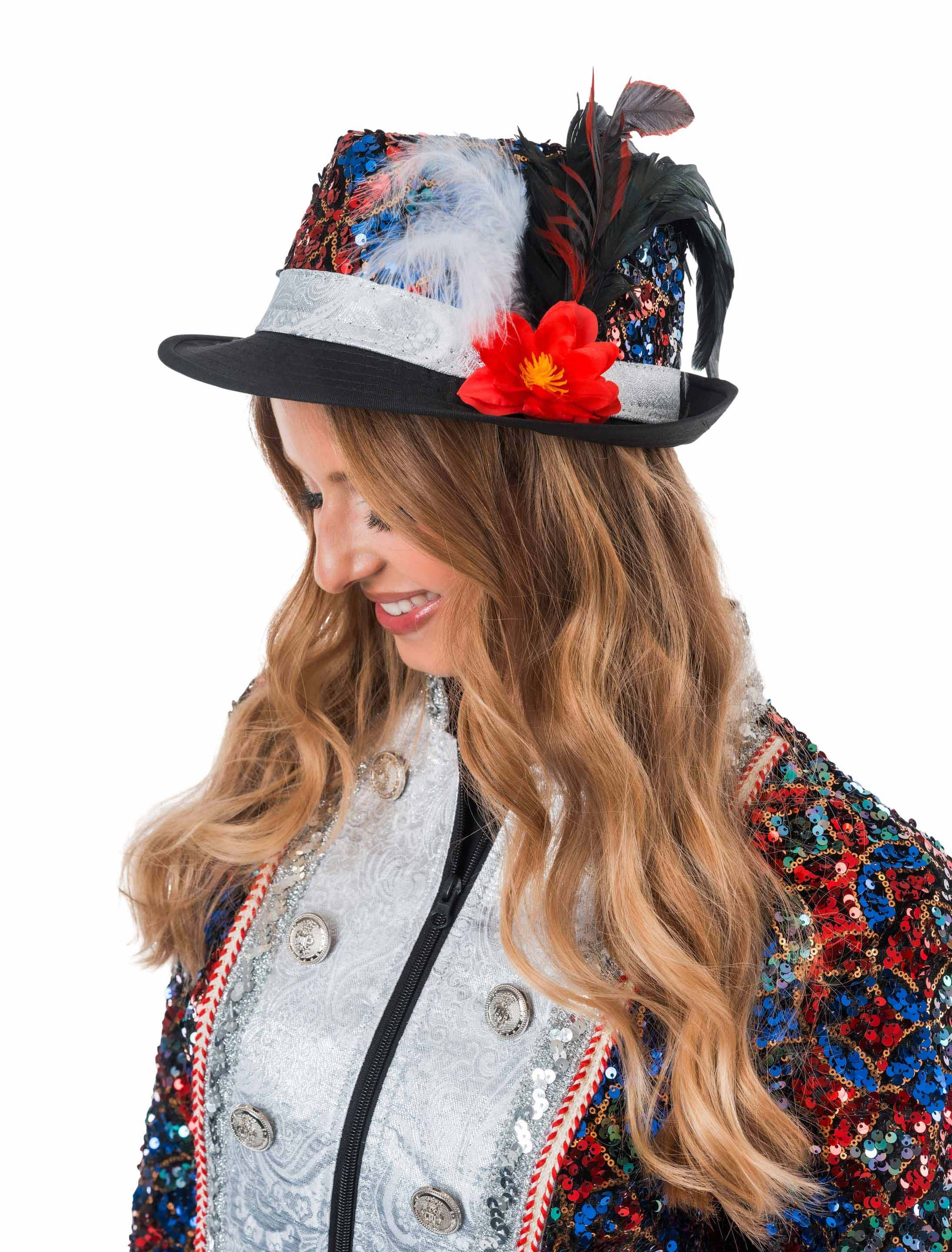 Kostümzubehör Hut Pailletten mit Federn und Blume schwarz/rot/blau 58