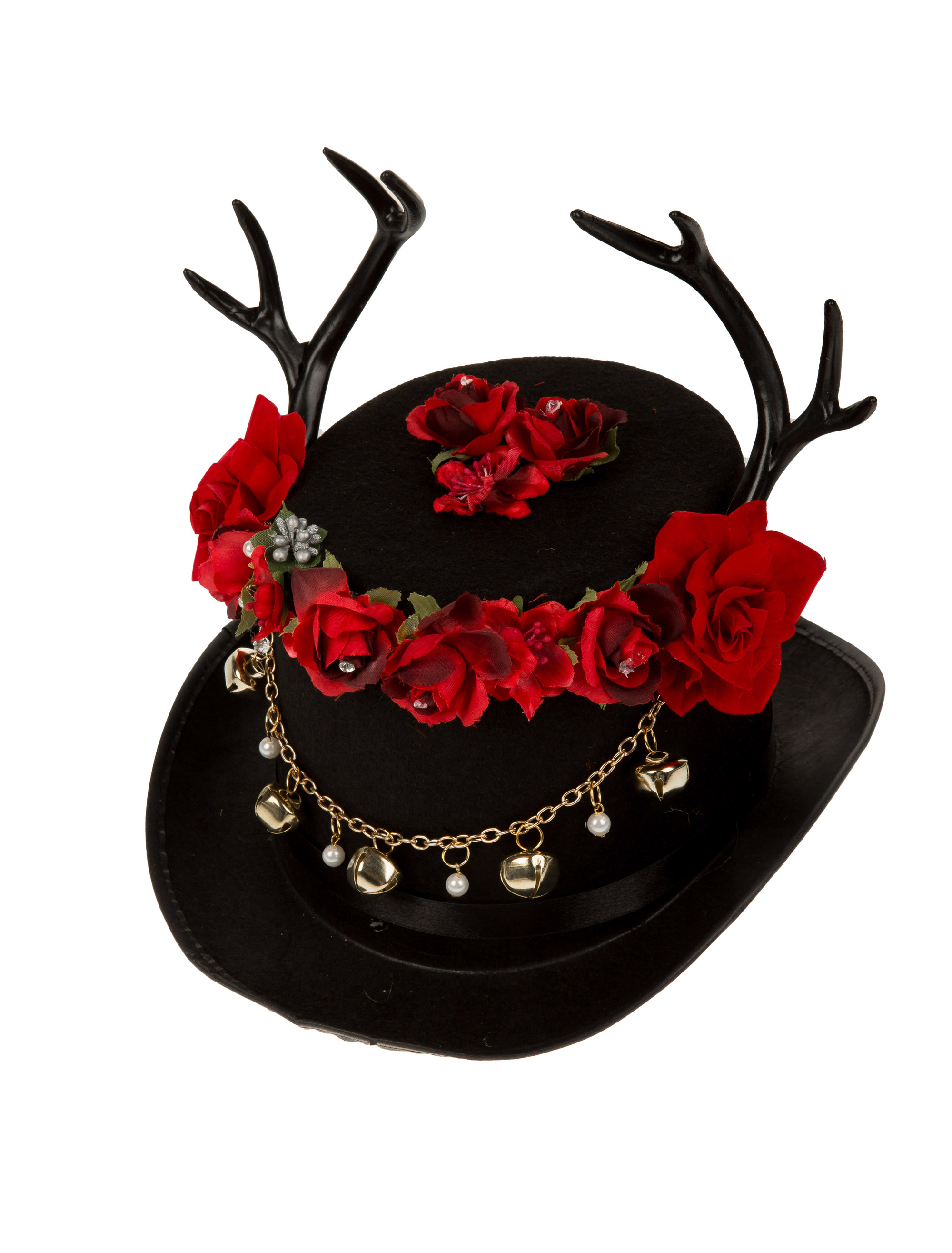 Kostümzubehör Hut Geweih mit Blumen und Glöckchen Farbe: schwarz/rot