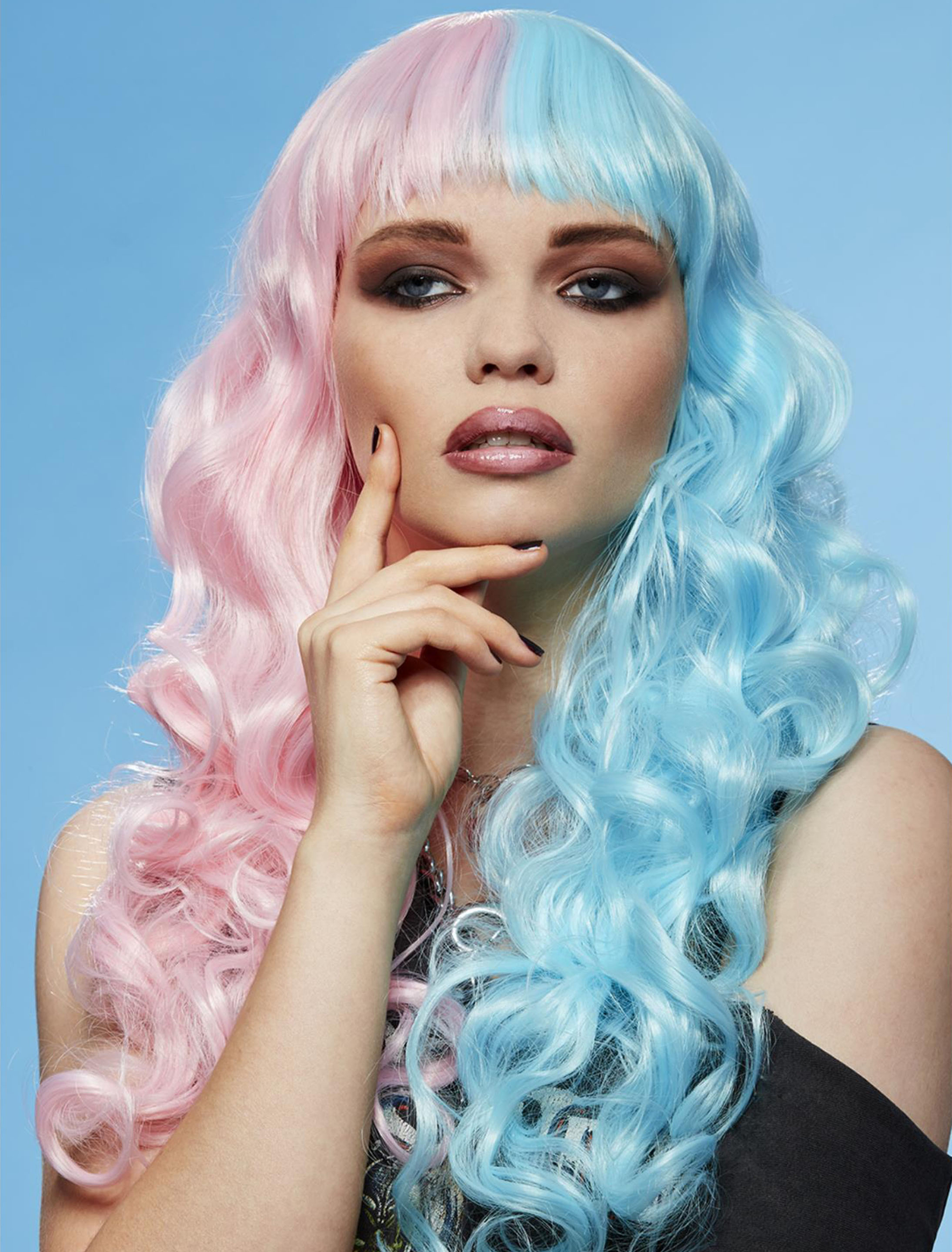 Kostümzubehör Perücke Langhaar wellig mit Pony türkis/pink
