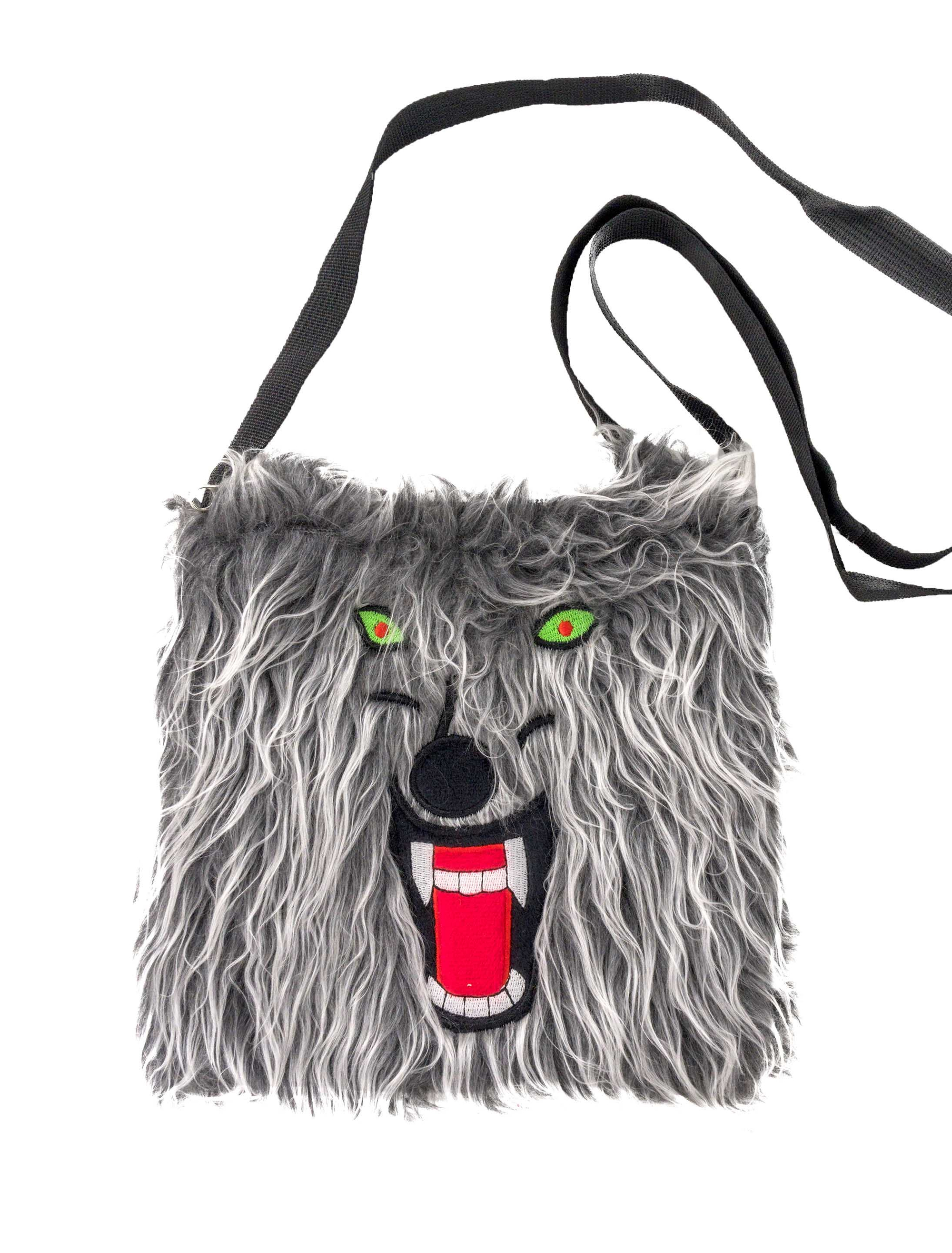 Kostümzubehör Tasche Wolfskopf Plüsch grau