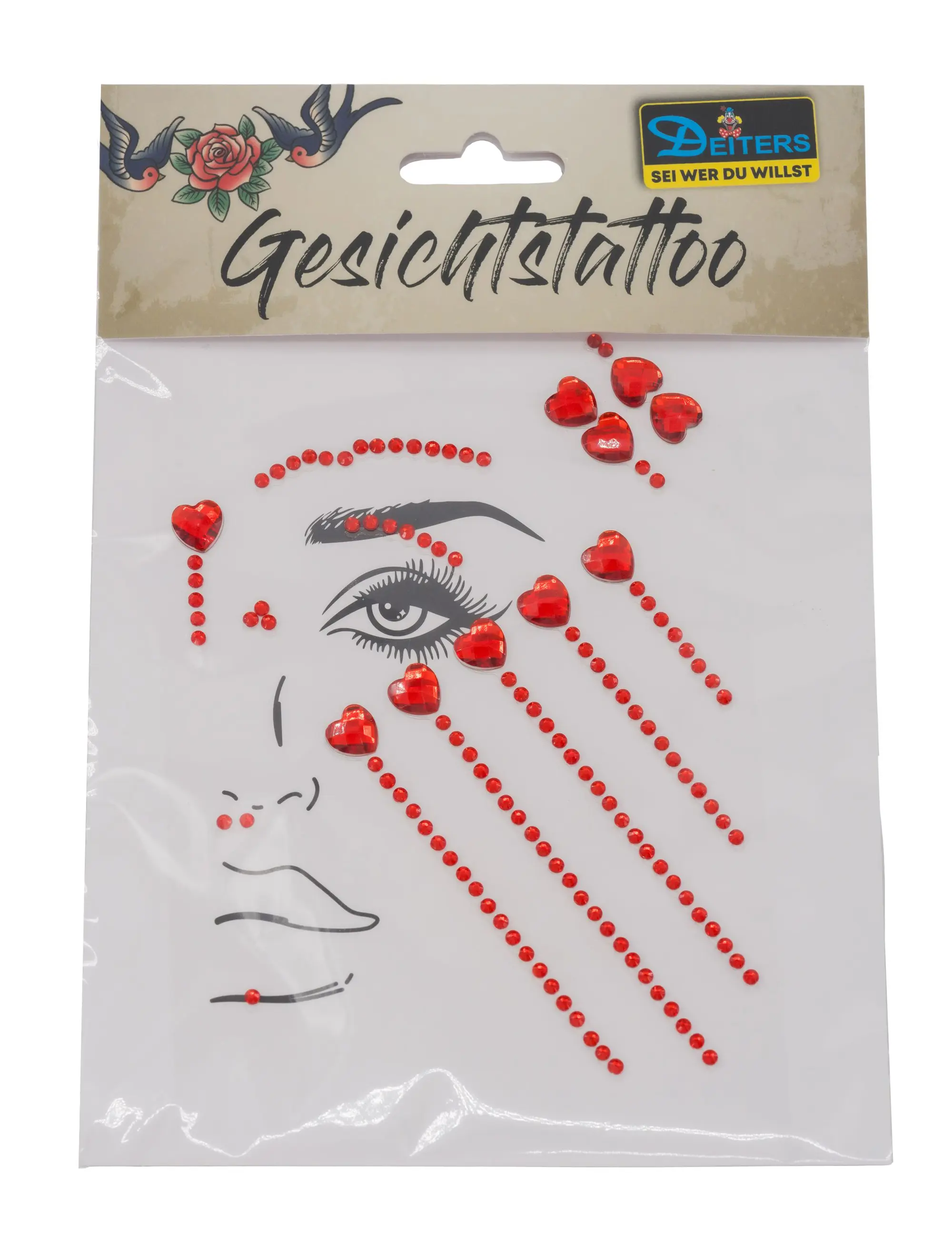 Gesichtsstrasssteine Herzen und Punkte rot Schminke für Karneval & Fasching