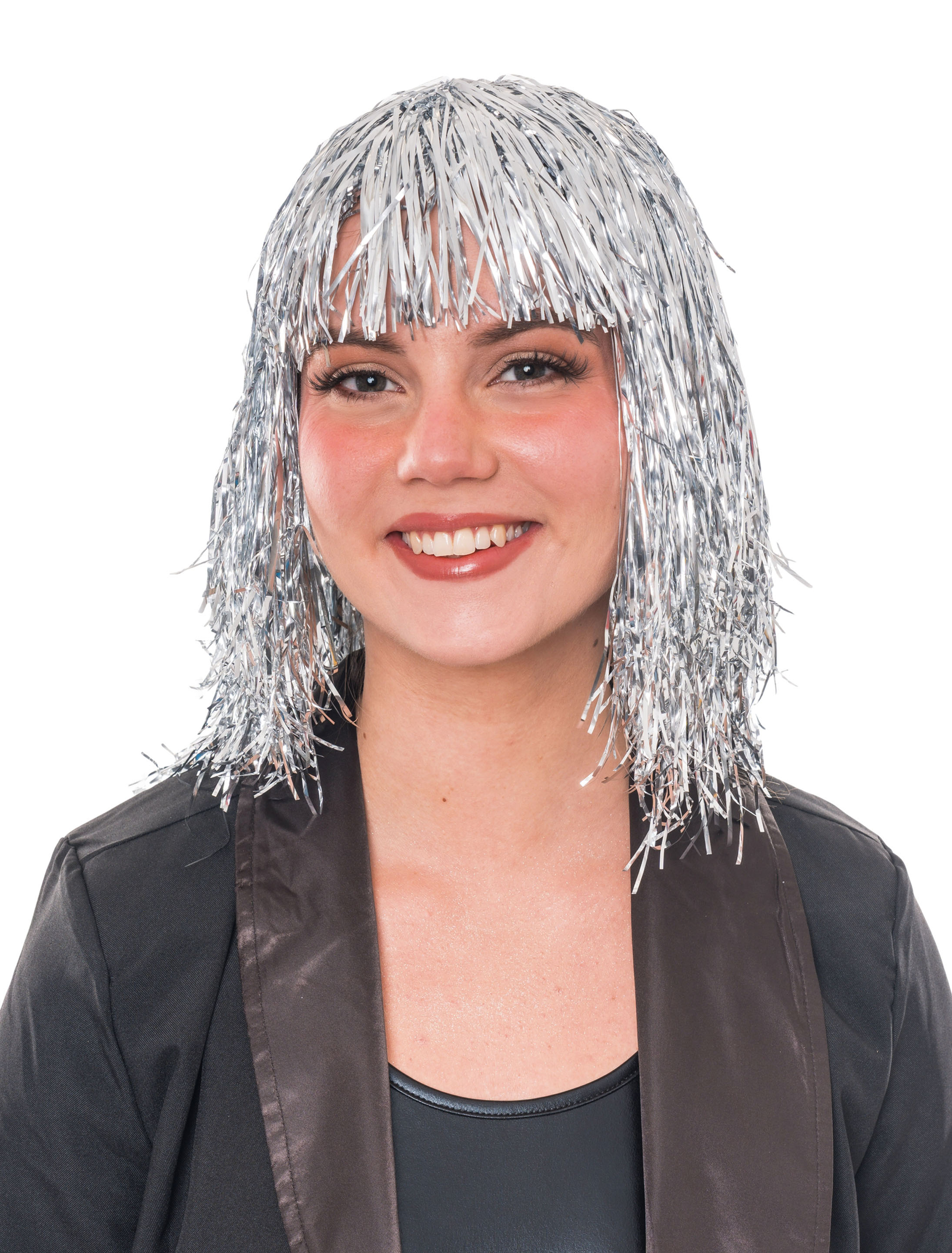 Kostümzubehör Perücke Lametta mit Pony silber