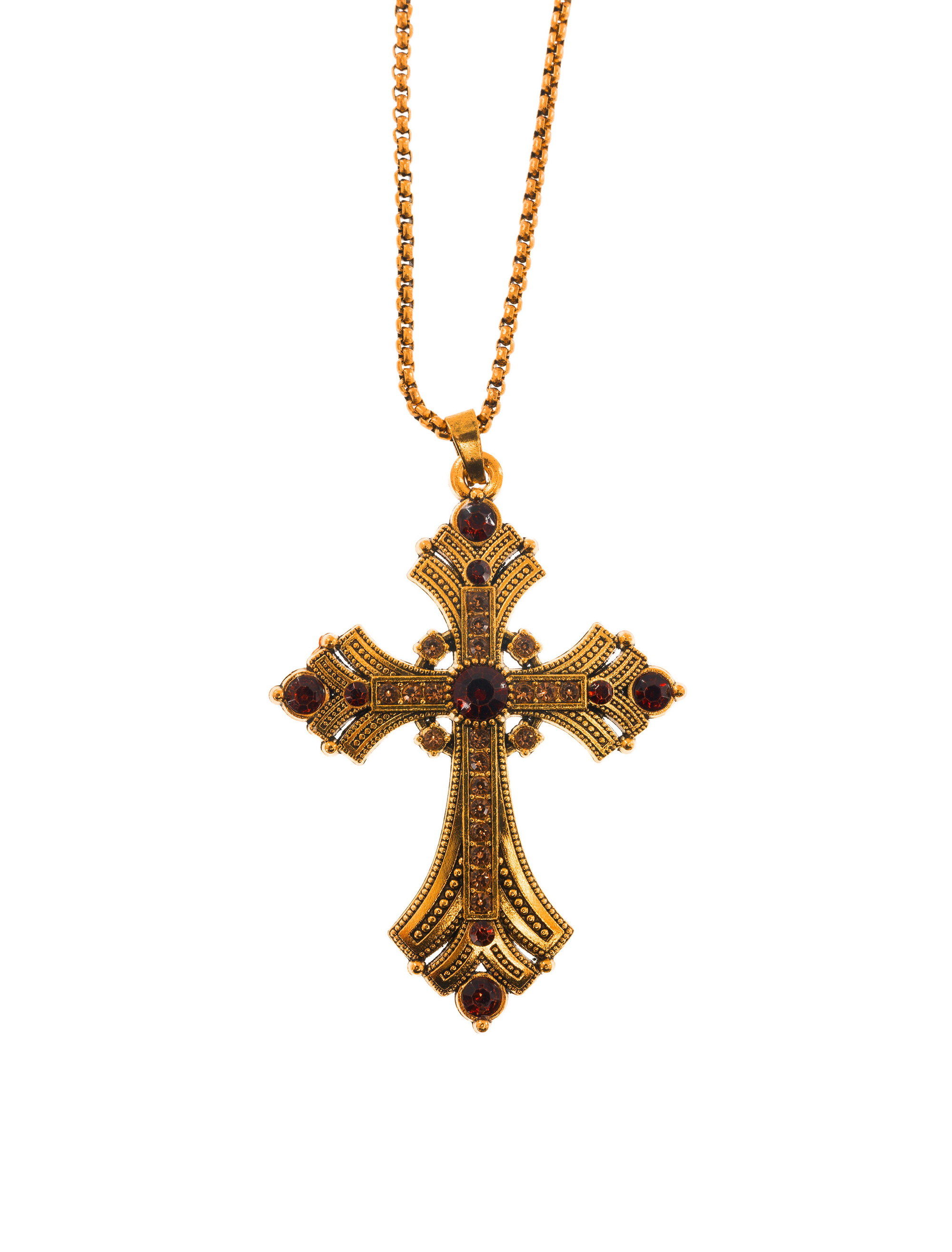 Kostümzubehör Halskette Kreuz mit Steinen rot/gold