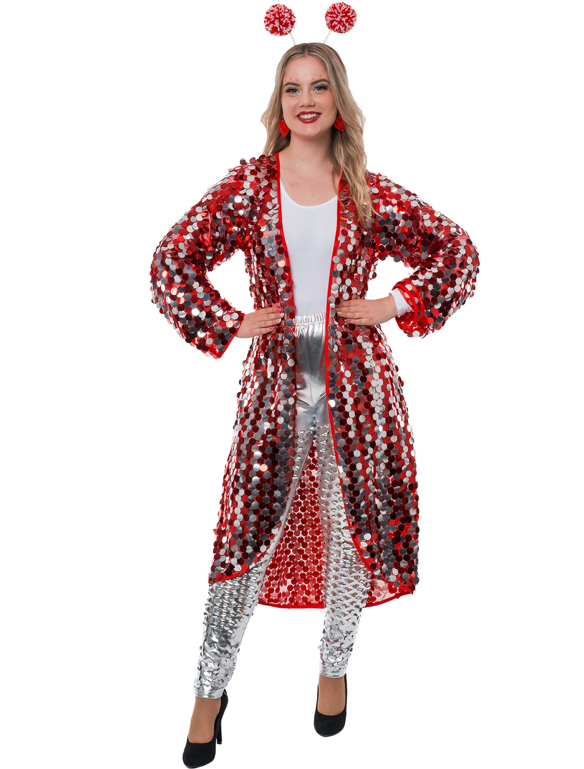 Mantel lang mit Pailletten rot/silber 2XL/3XL