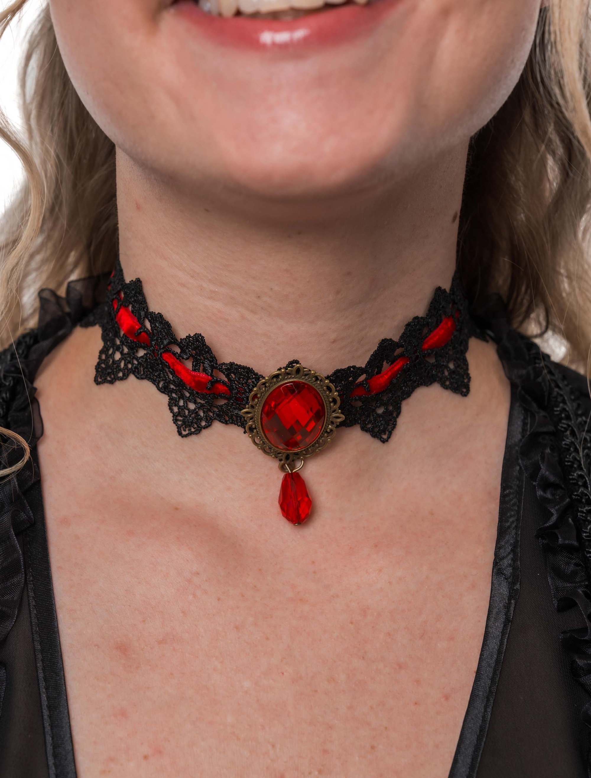 Kostümzubehör Halsband Spitze mit Kristall rot