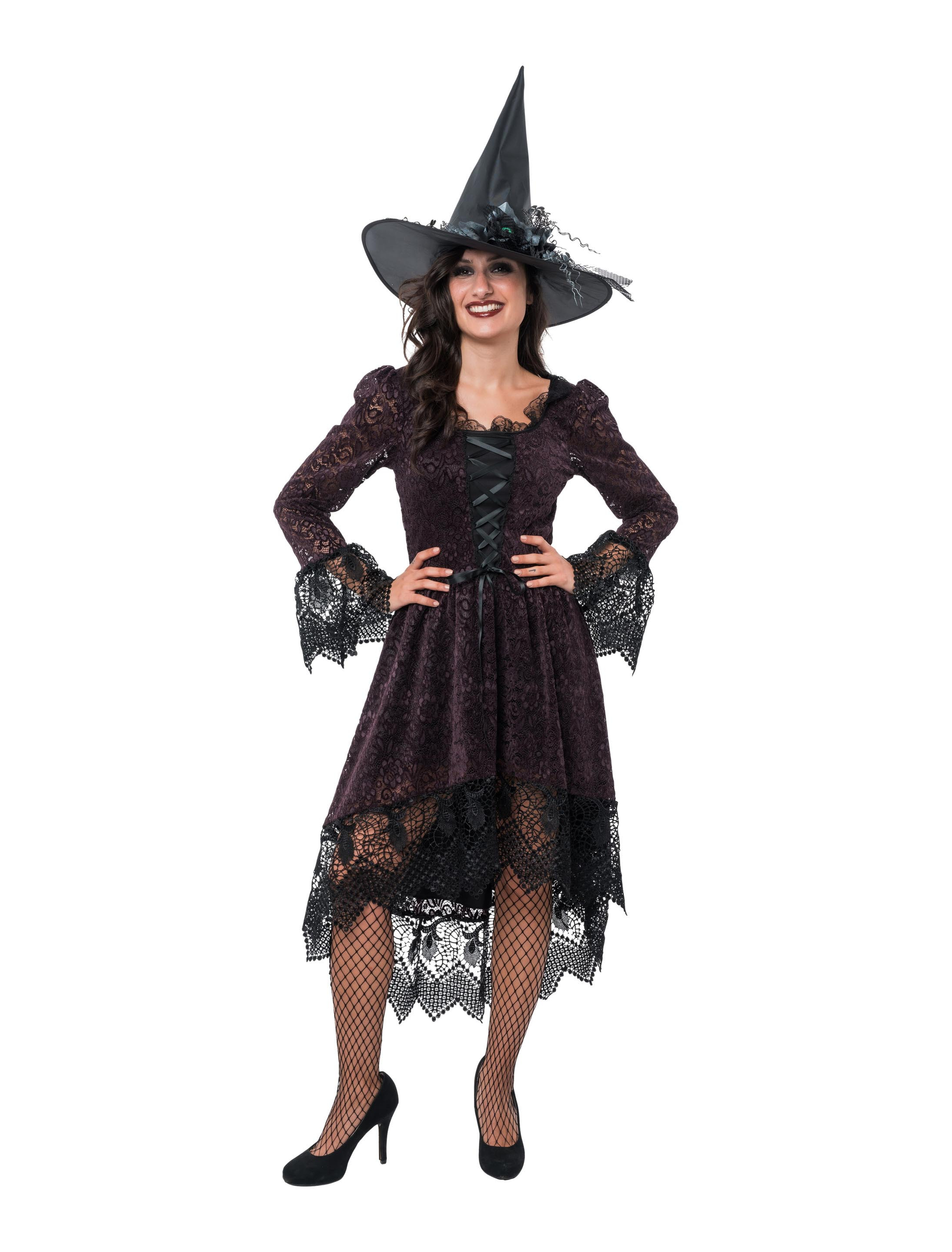 Spitzenkleid Hexe mit Schnürung Damen lila/schwarz L