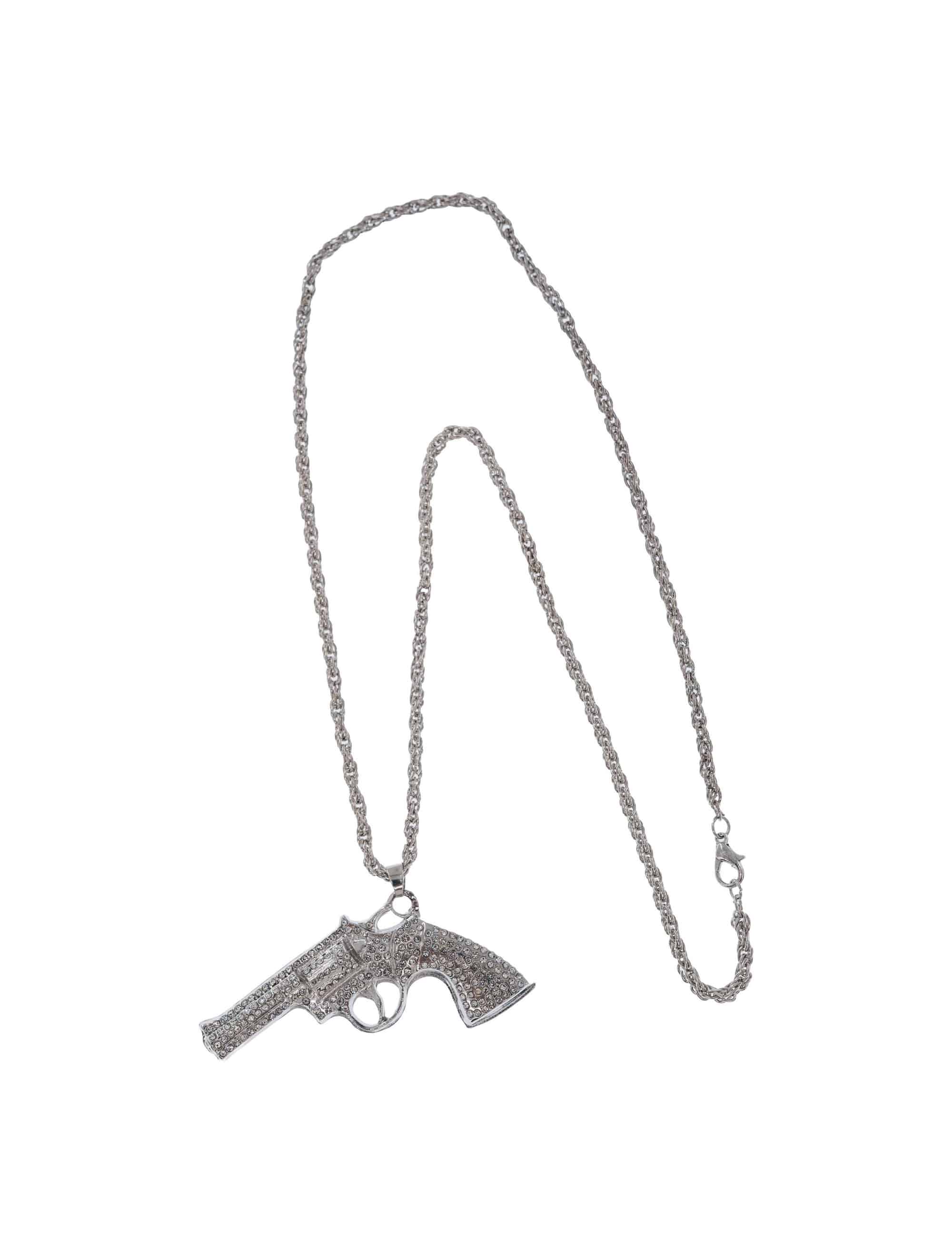 Kostümzubehör Halskette Revolver mit Strasssteinen silber