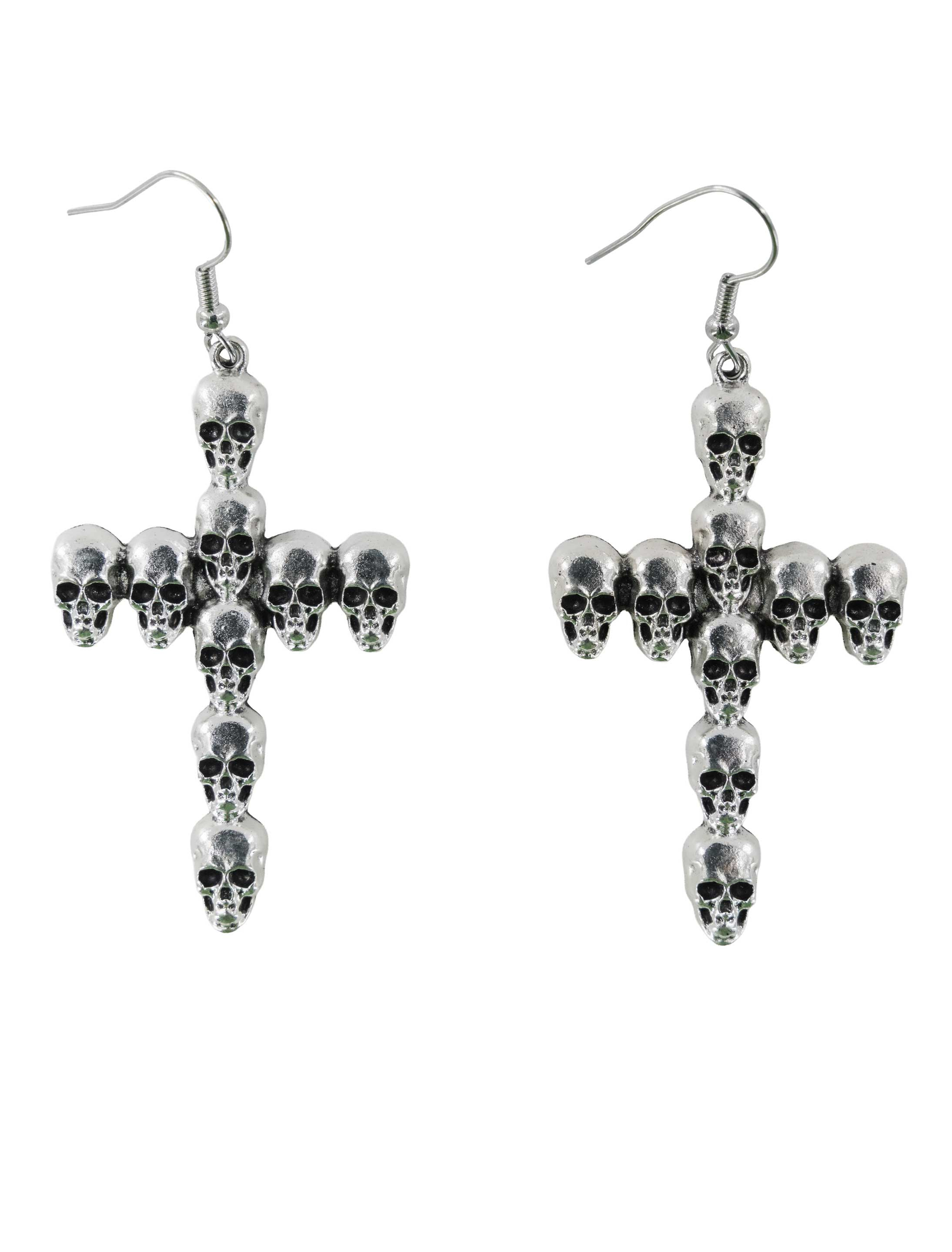 Kostümzubehör Ohrringe Kreuz mit Totenköpfen silber