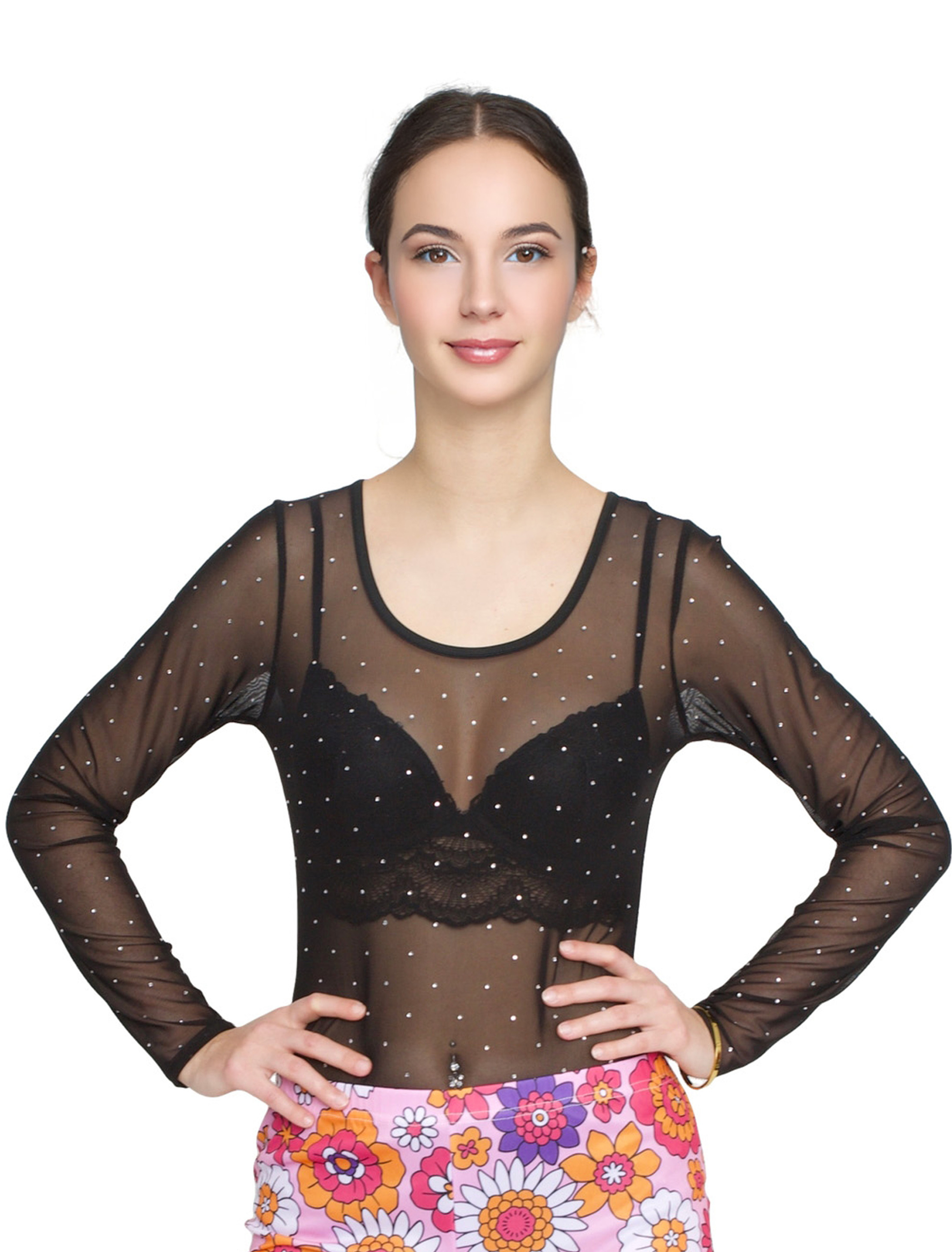 Body Mesh langarm mit Strass Damen schwarz XXS/XS