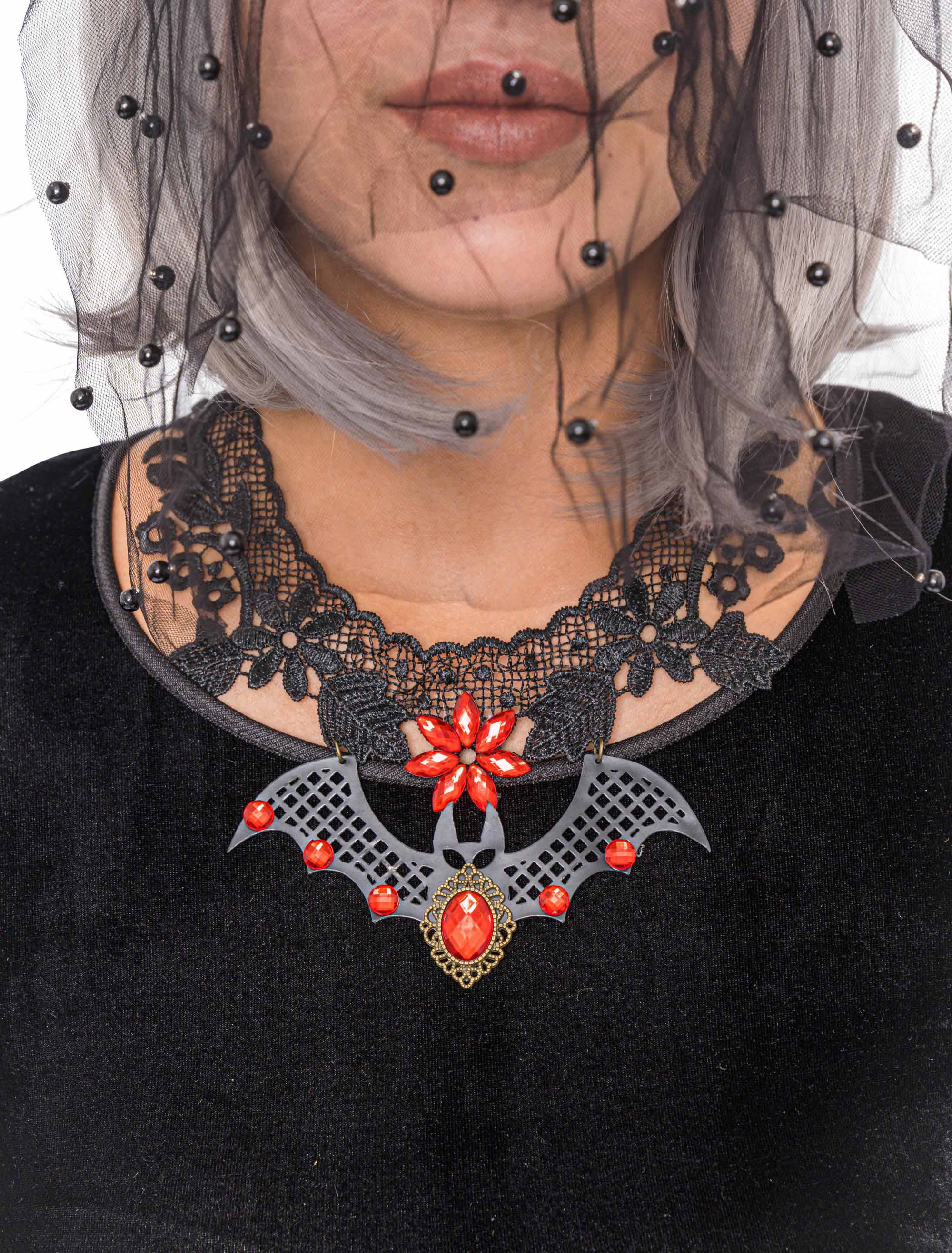 Kostümzubehör Halsband Fledermaus mit Steinen rot