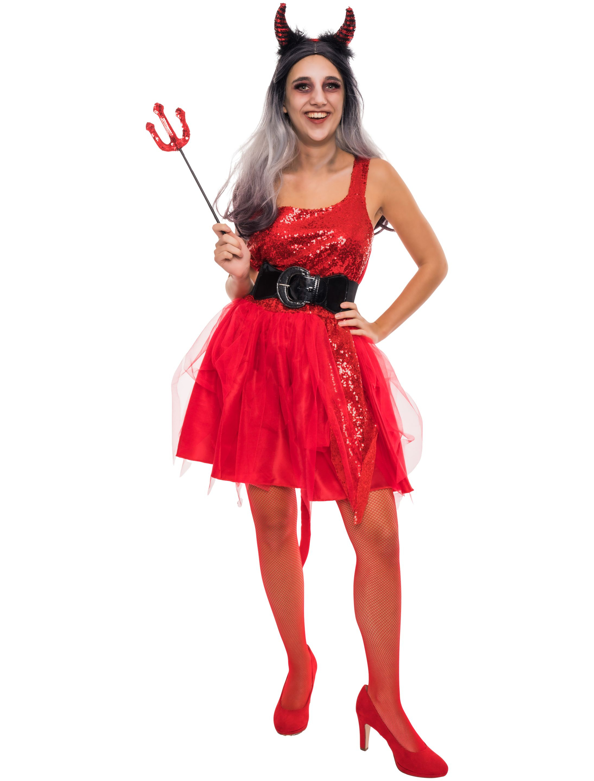 Kleid Teufel mit Pailletten Damen rot 2XL