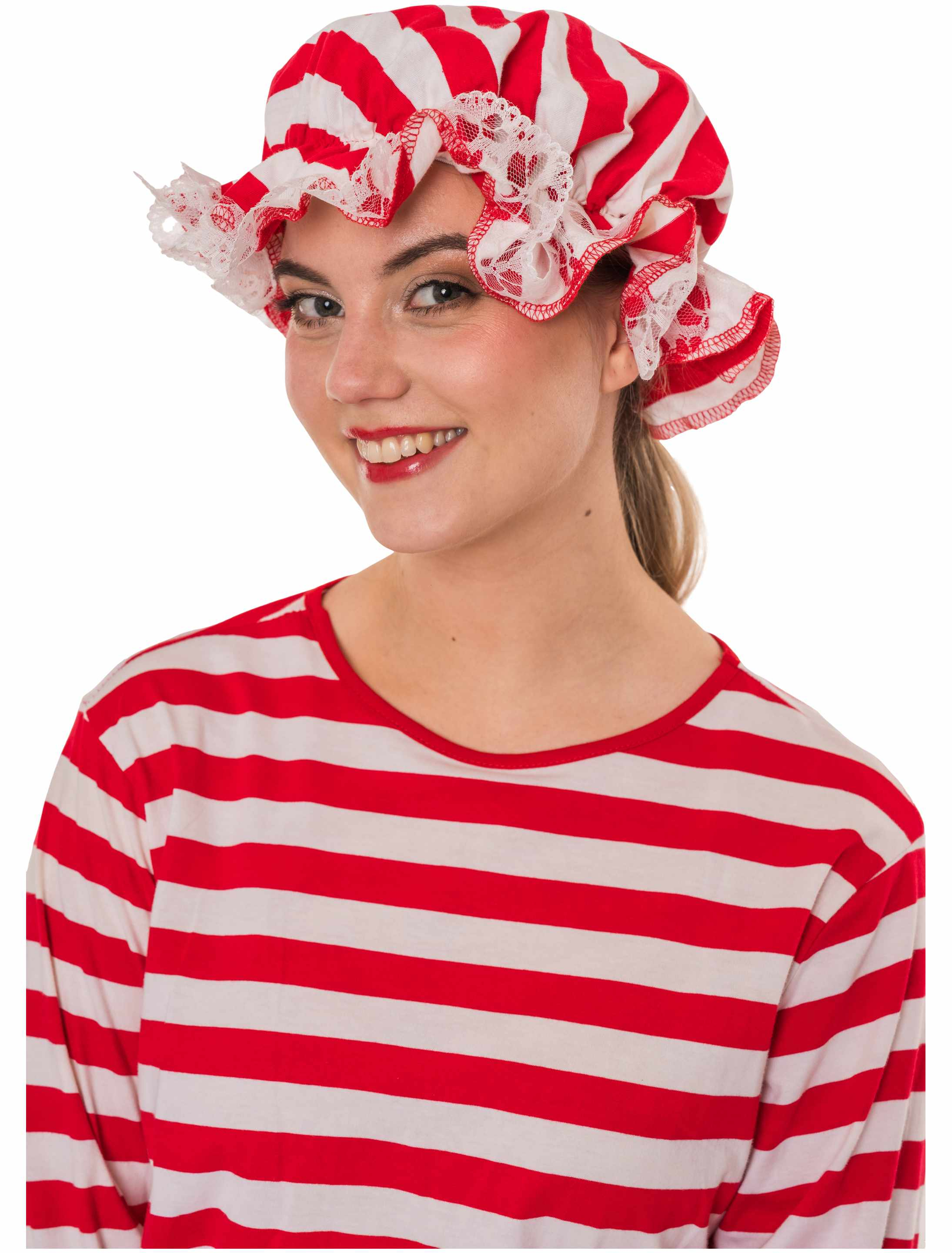 Kostümzubehör Ringelmütze mit Spitze weiß/rot one size