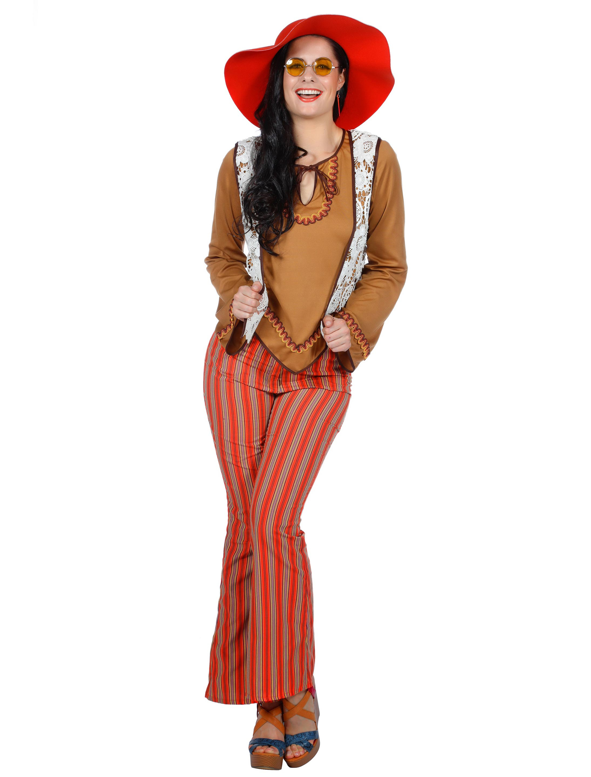Hippie mit Weste Damen 3-tlg. beige/rot 38