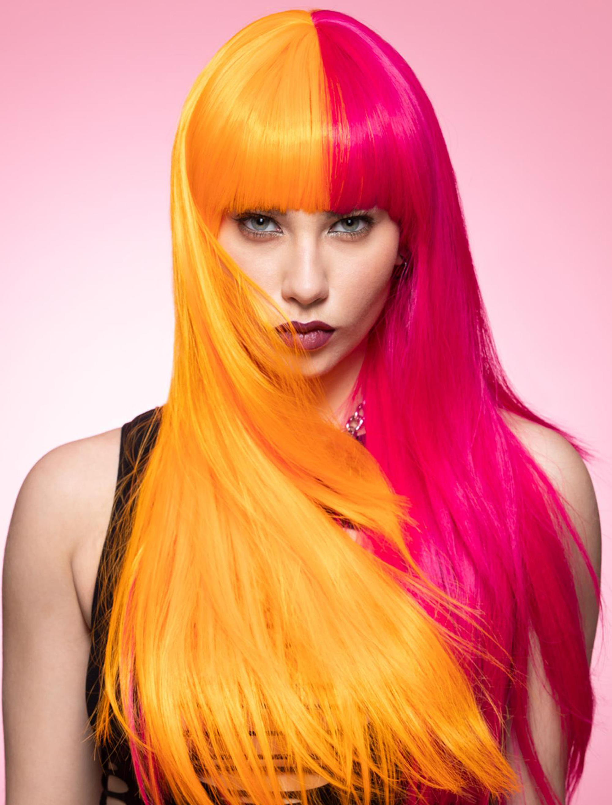 Kostümzubehör Perücke Langhaar glatt mit Pony pink/orange