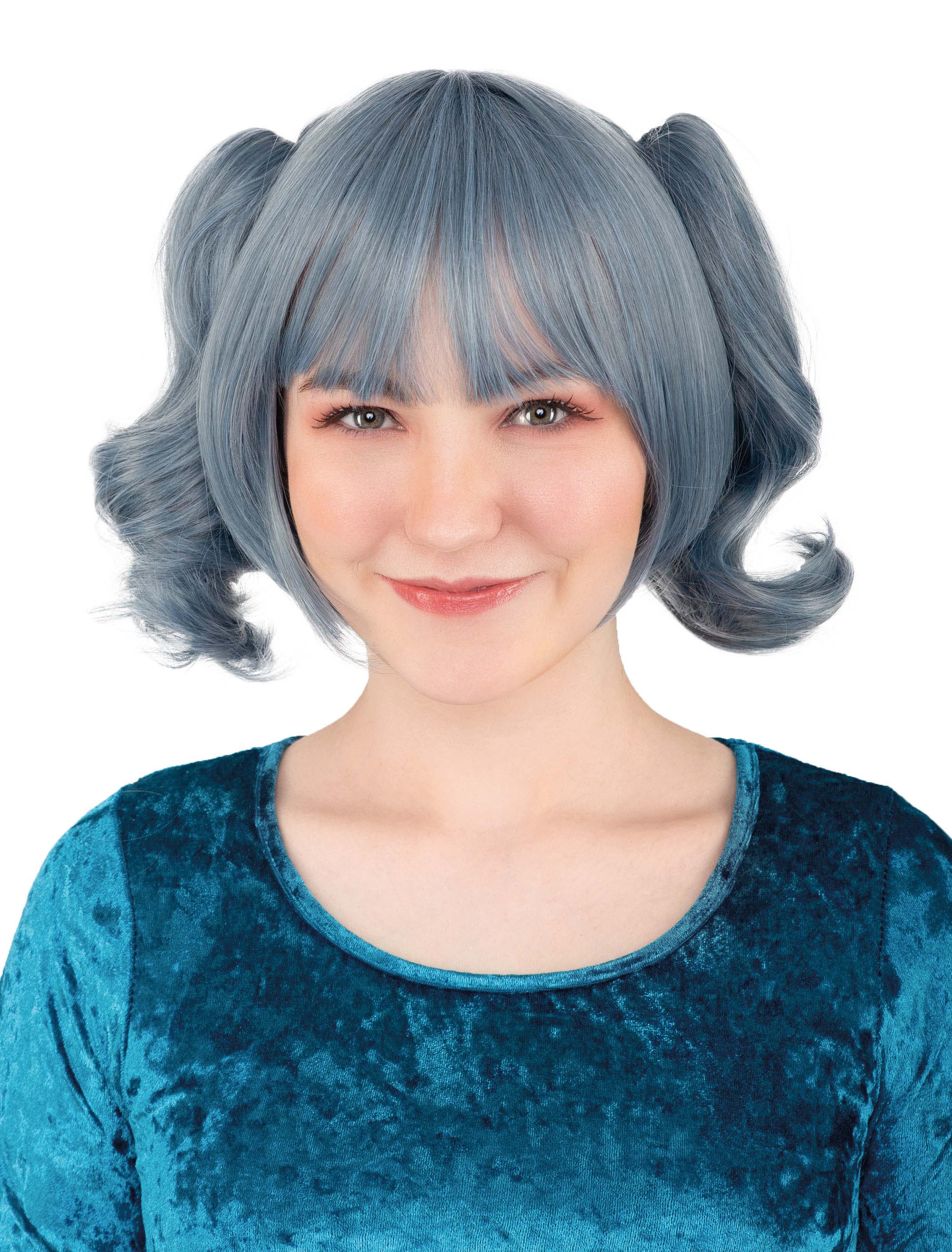 Kostümzubehör Perücke Manga mit Zöpfen blau/grau
