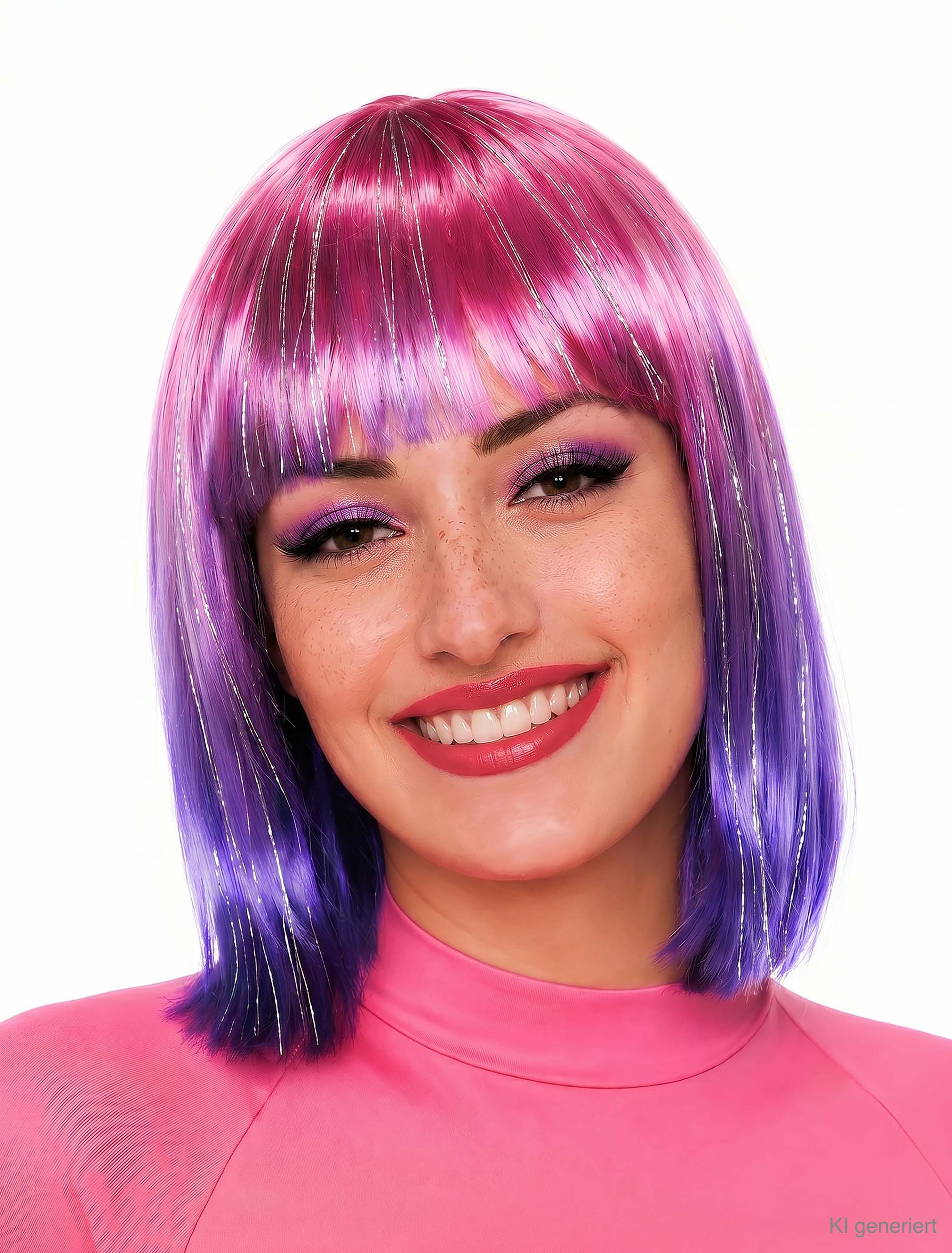 Kostümzubehör Perücke schulterlang mit Lametta pink/lila