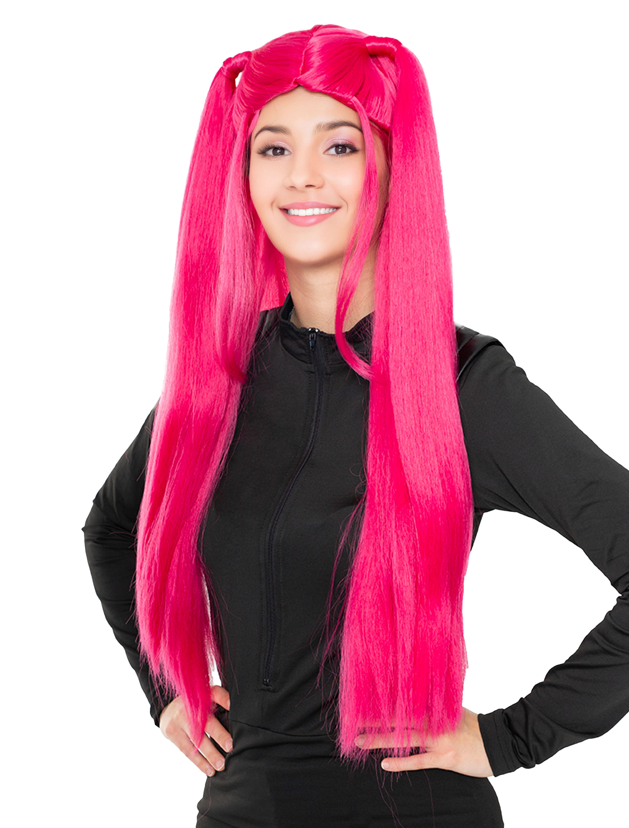 Kostümzubehör Perücke Langhaar glatt mit Zöpfchen Damen pink