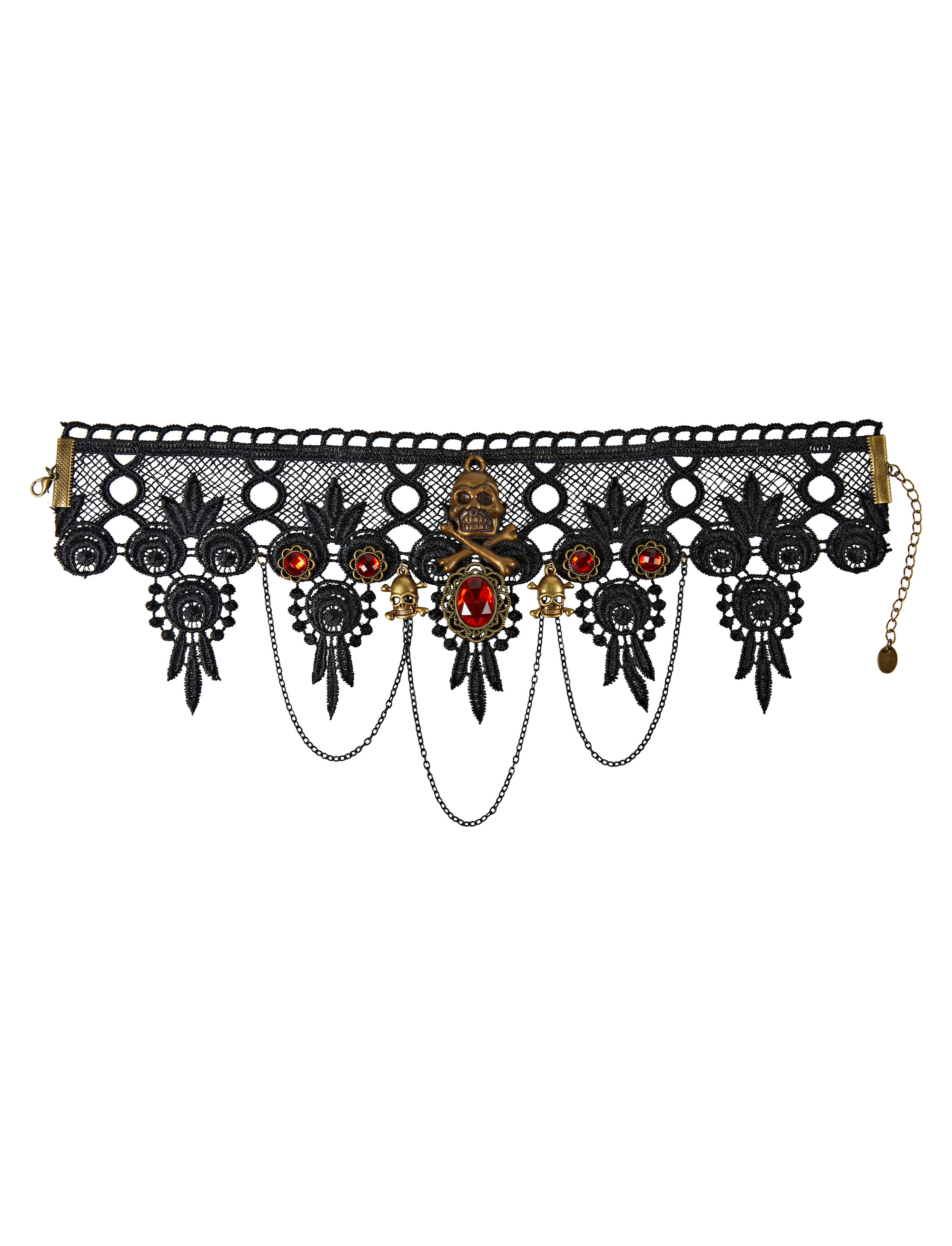 Kostümzubehör Halsband Spitze Totenkopf und rote Kristalle