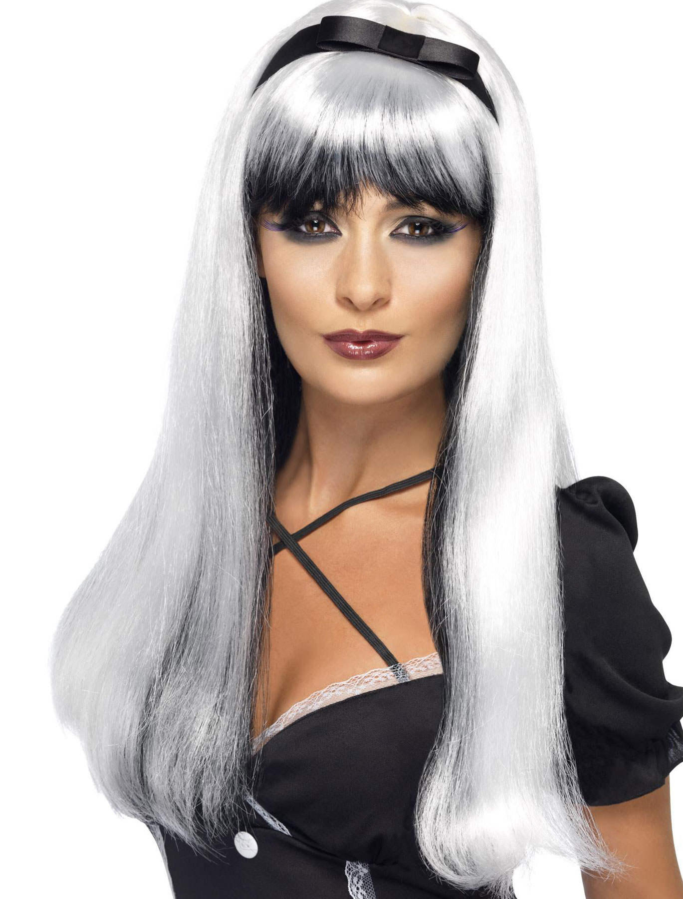 Kostümzubehör Perücke lang mit Pony und Haarband weiß/schwarz
