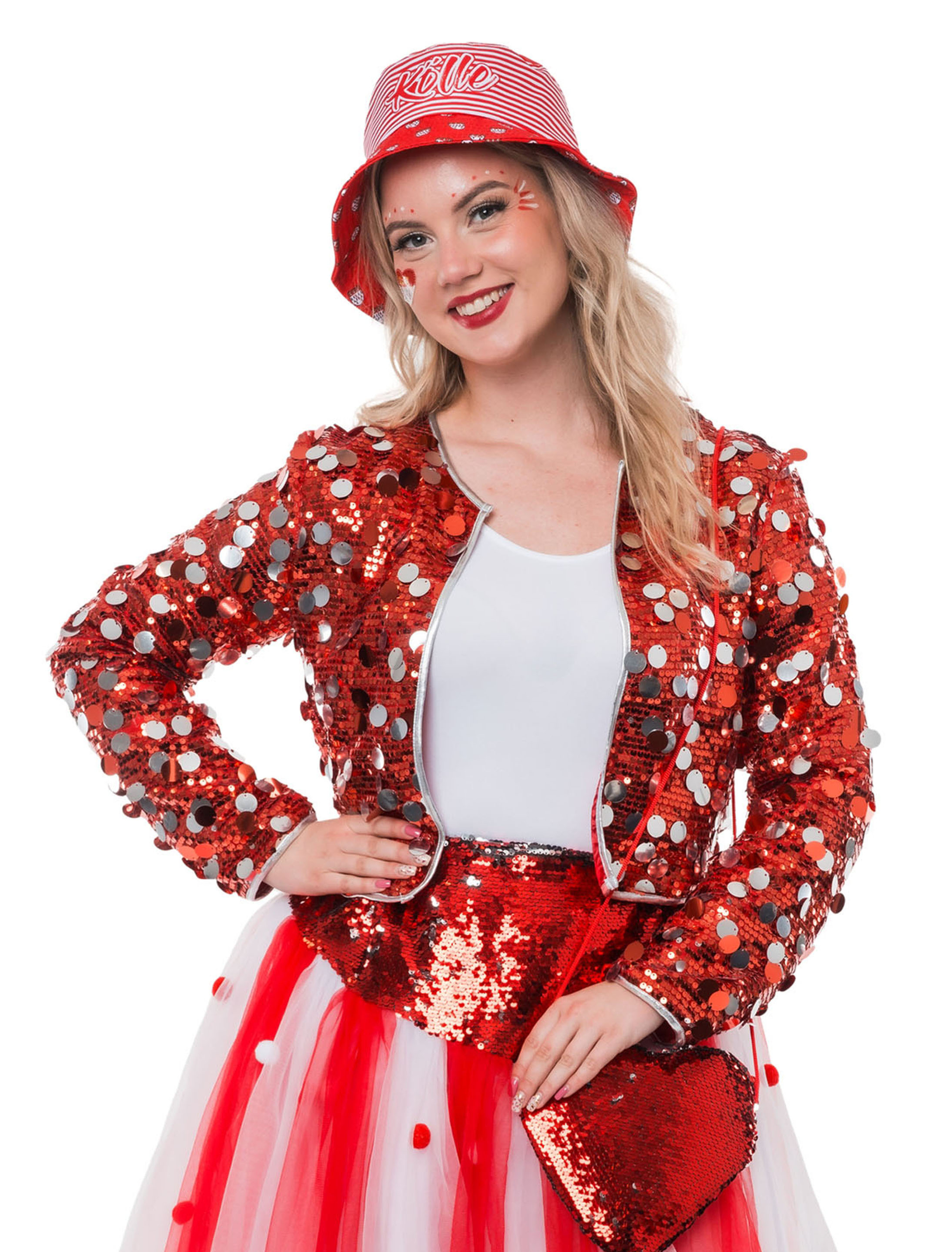 Jacke Pailletten Damen rot/silber L/XL