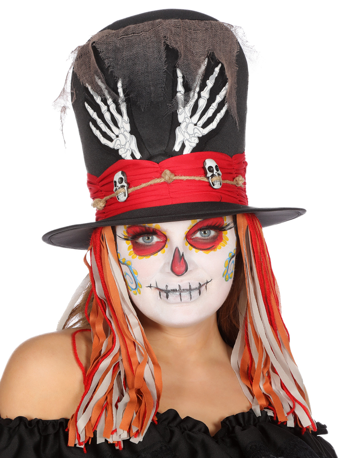 Kostümzubehör Hut Voodoo schwarz/rot mit Skeletthänden