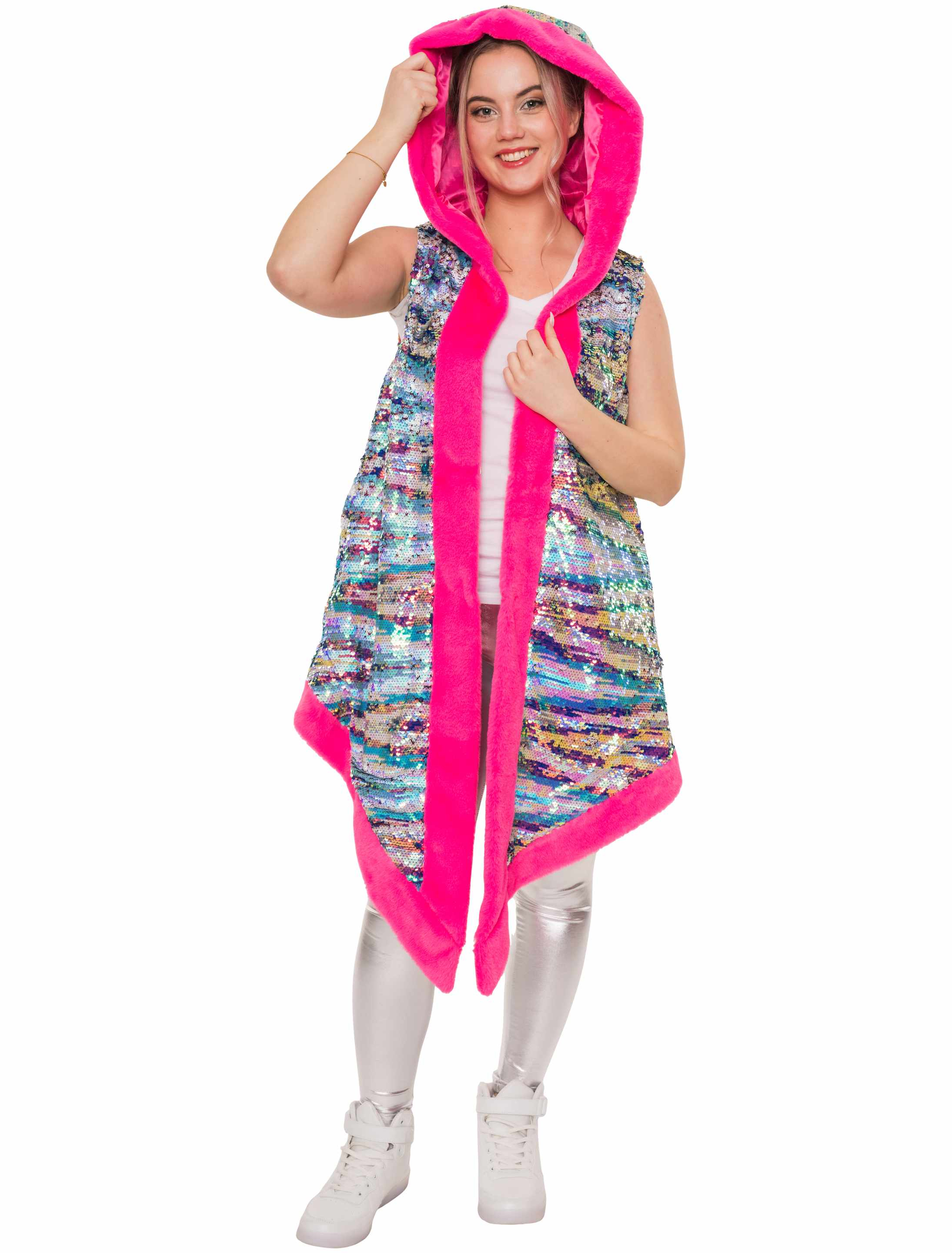 Weste Kunstfell mit Kapuze Metallic bunt S/M Farbe: bunt
