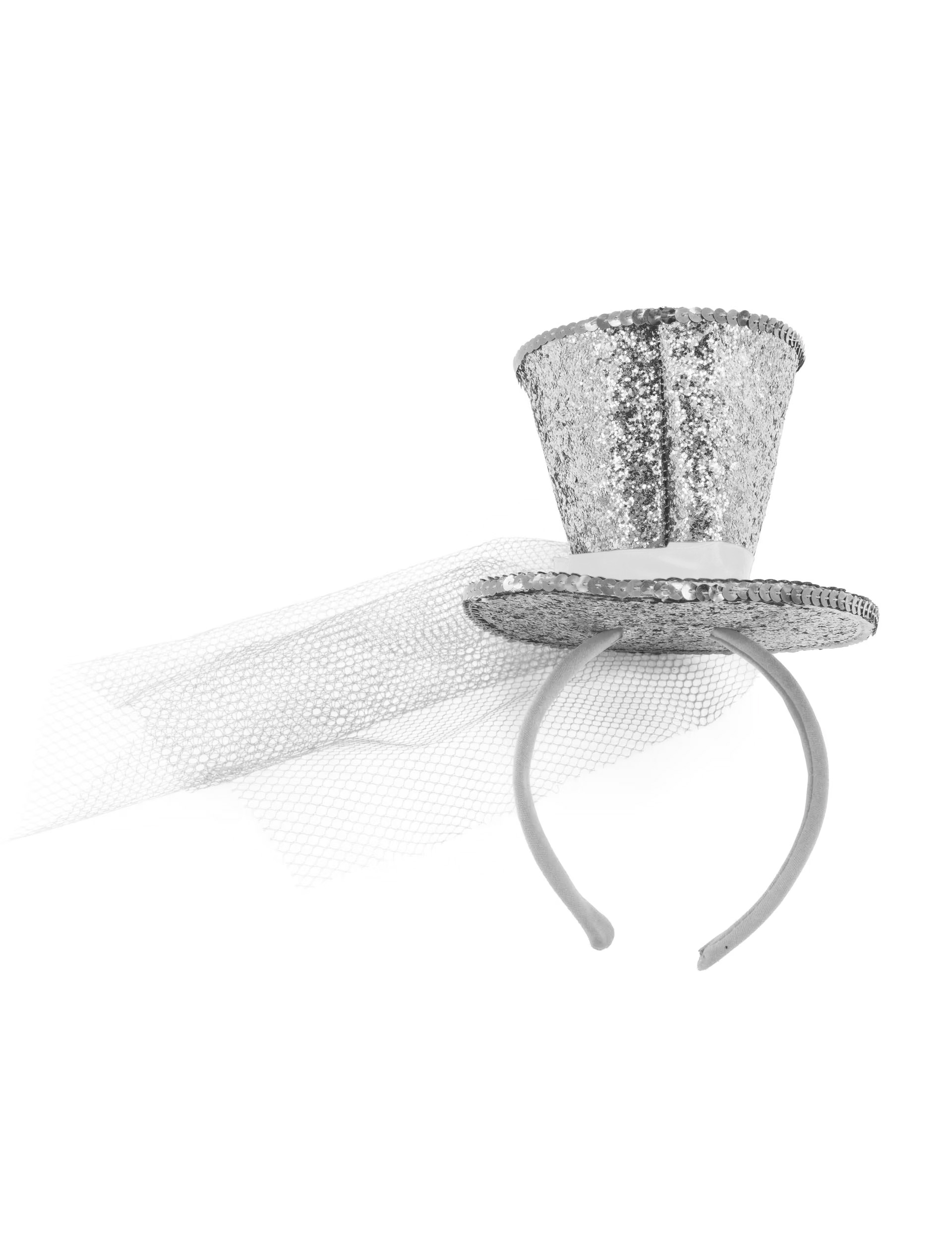 Kostümzubehör Haarreif Mini Zylinder Schleier silber