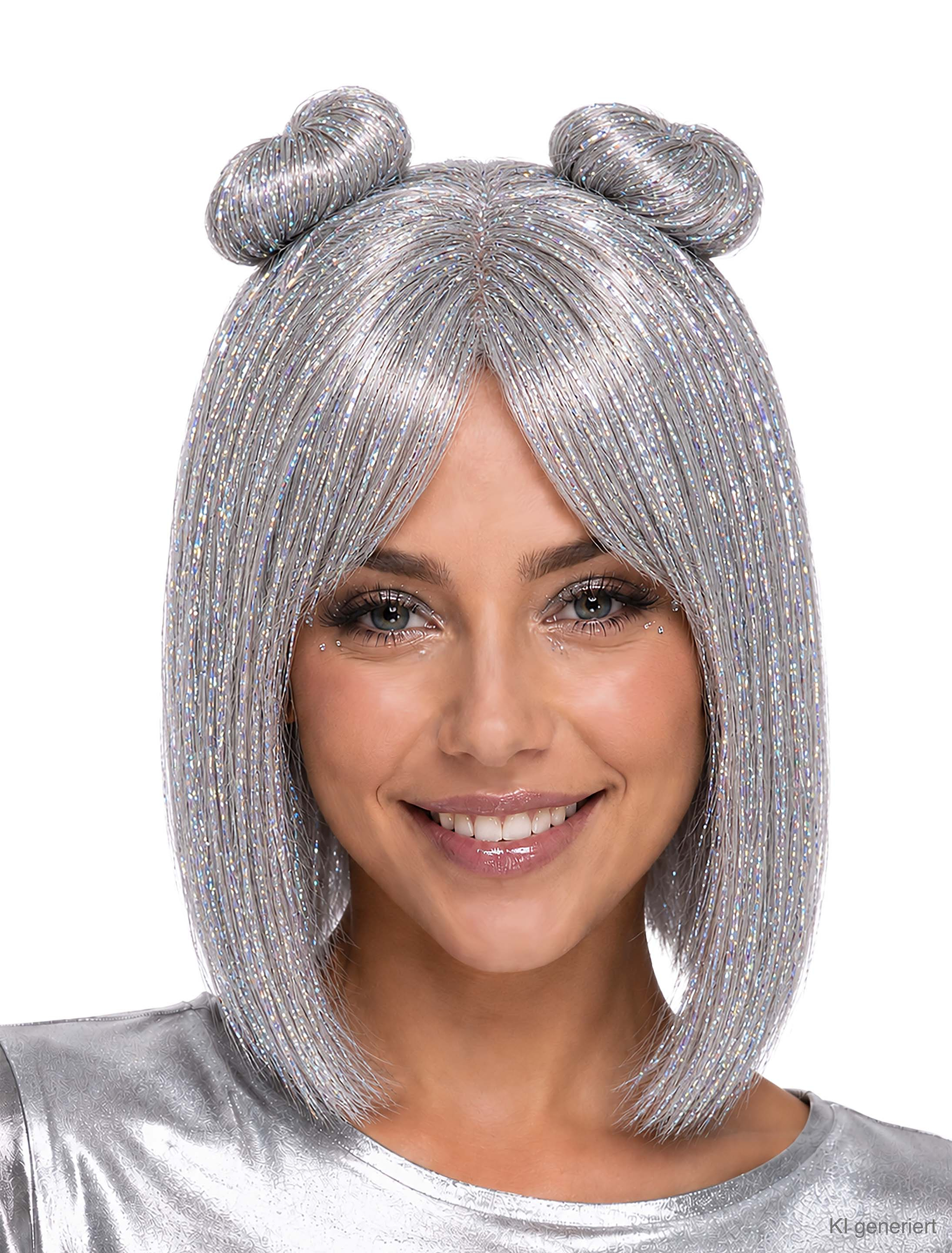 Kostümzubehör Perücke mit 2 Haarknoten und Lametta silber