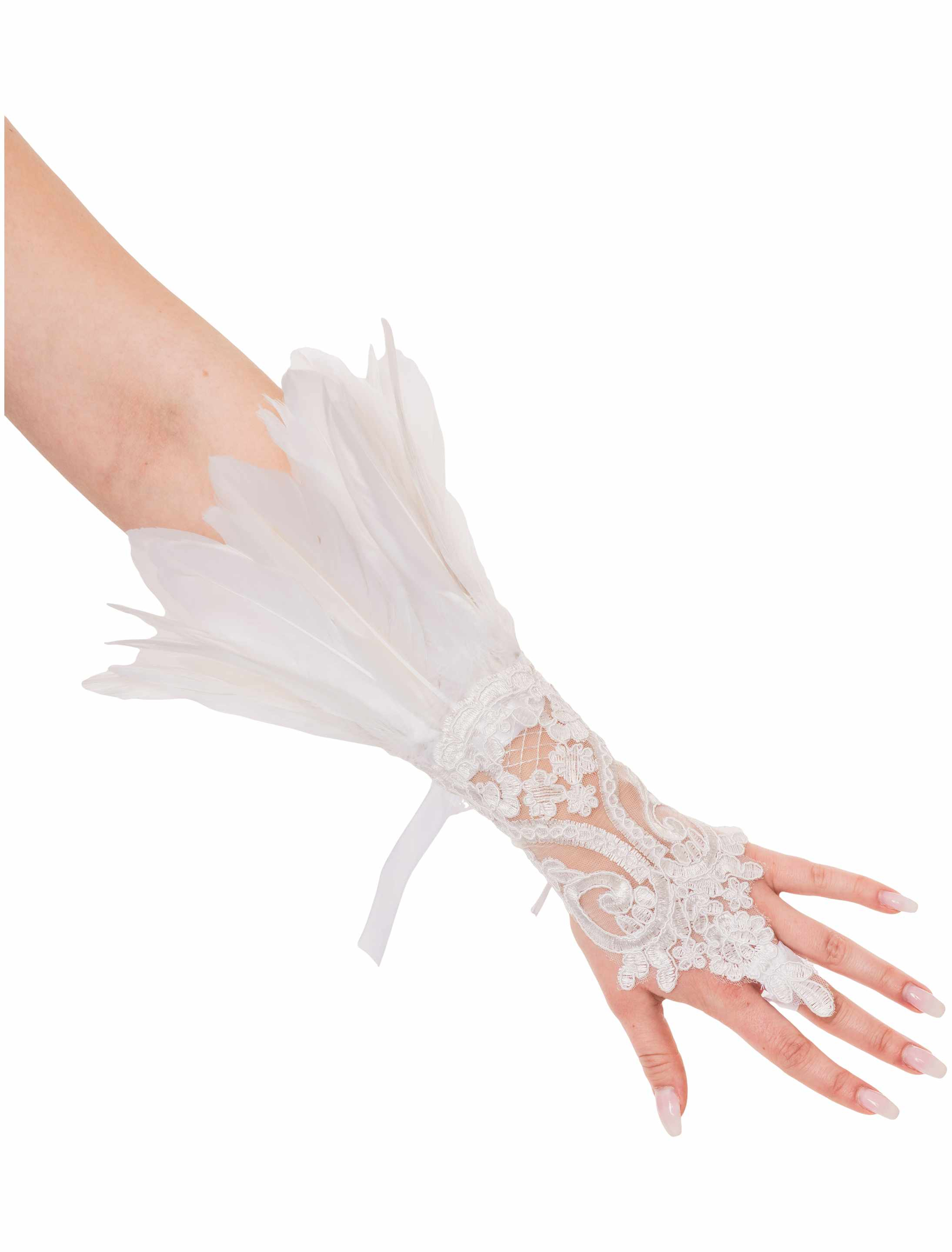 Kostümzubehör Handschuhe mit Federn und Spitze weiß