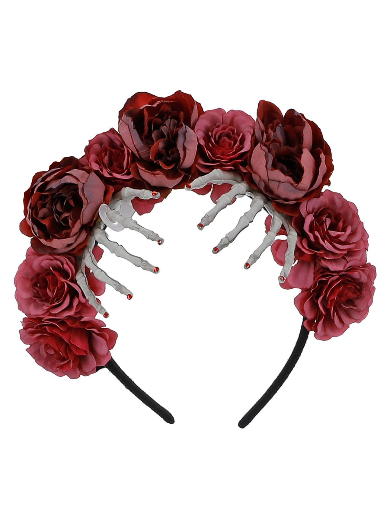 Kostümzubehör Haarreif Skeletthände und Rosen schwarz/pink