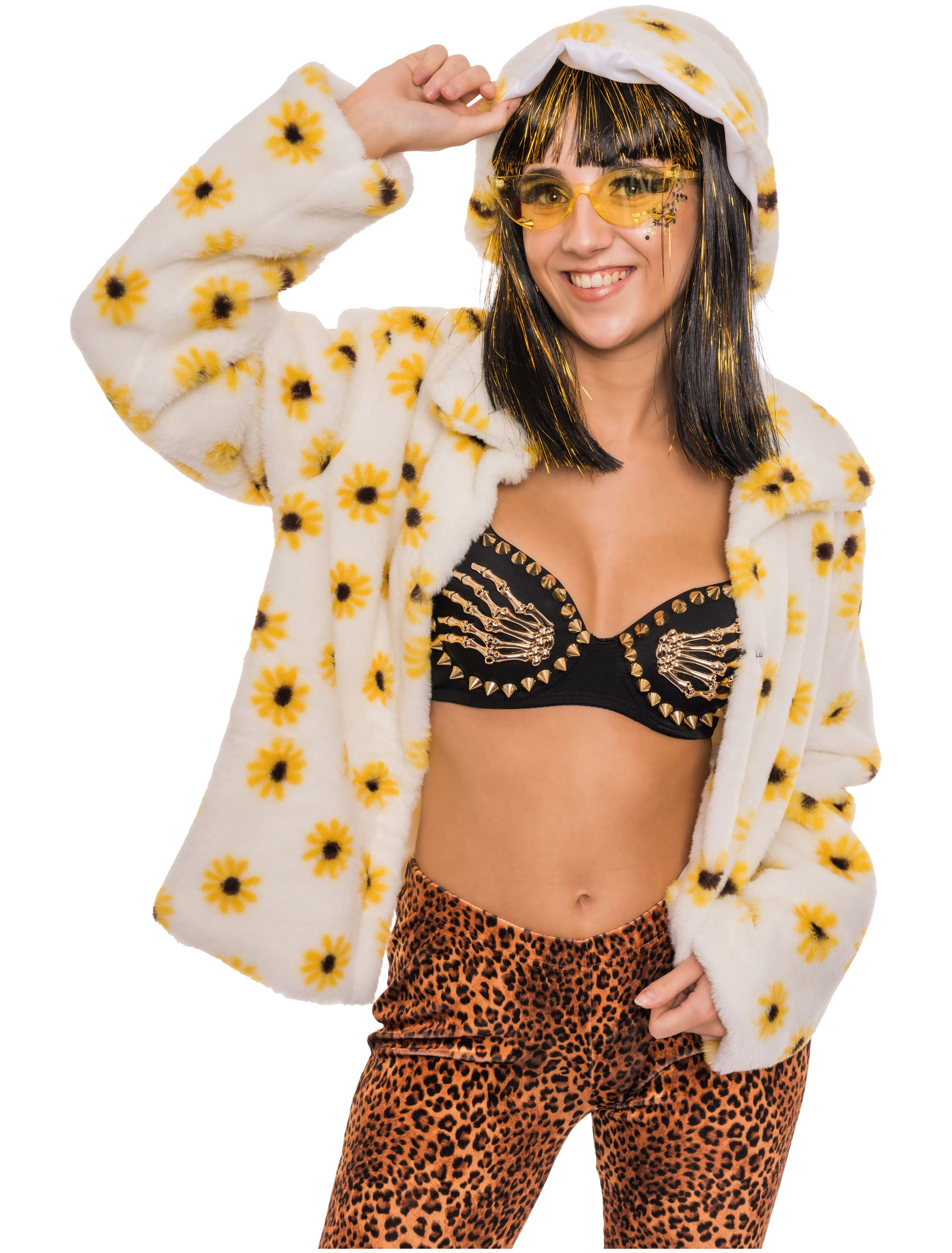 Kostümzubehör Hut Faux-Fur Damen mit Blumen one size Farbe: gelb/weiß