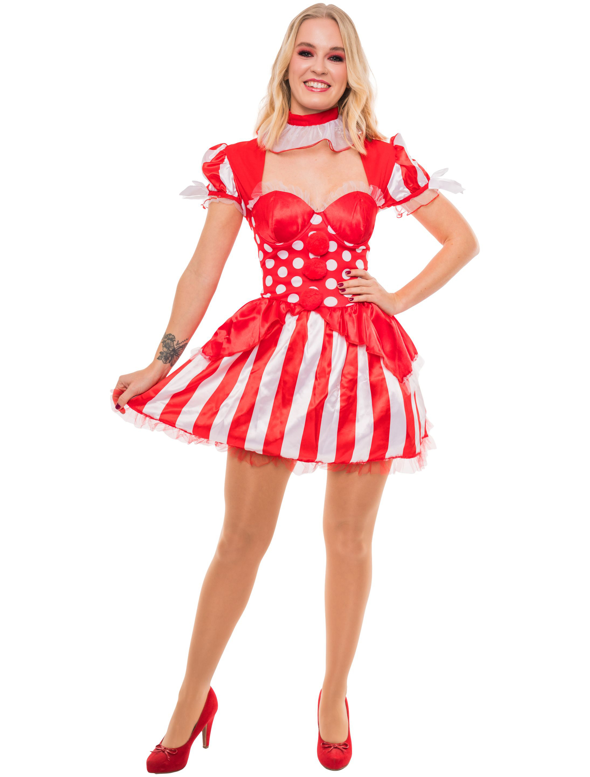 Kleid Clown Damen rot/weiß 36-38