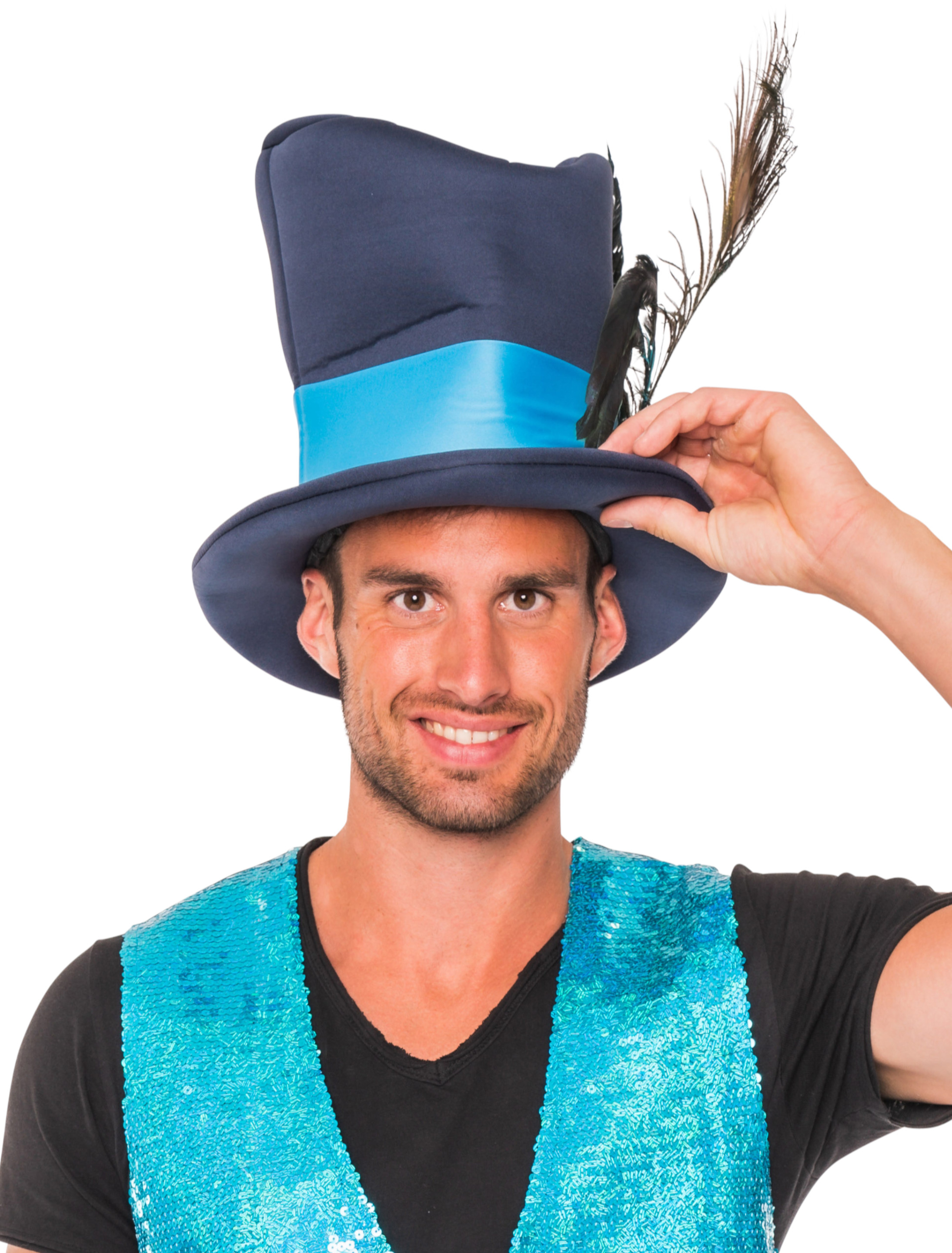Kostümzubehör Zylinder blau hoch mit Pfauenfeder blau one size