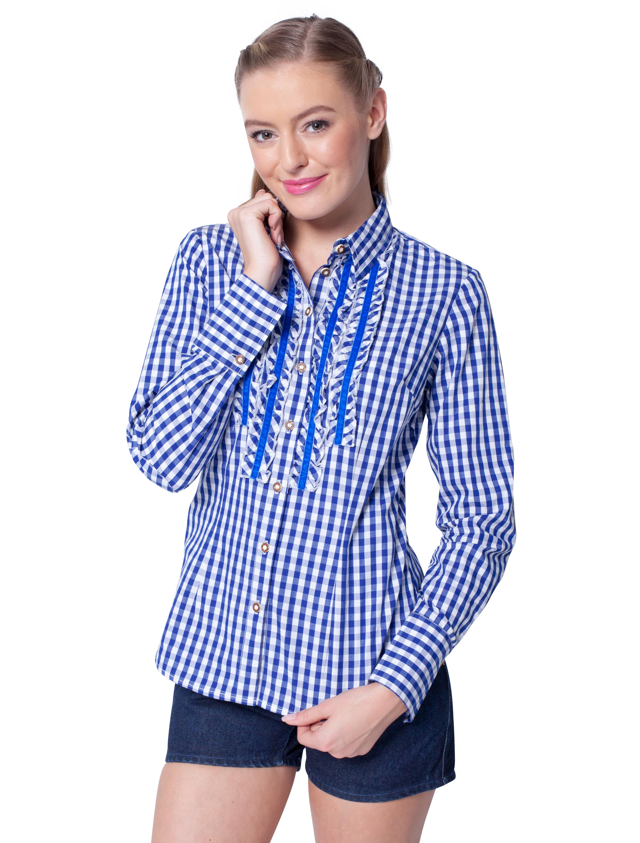 Trachtenbluse kariert Damen blau/weiß 36