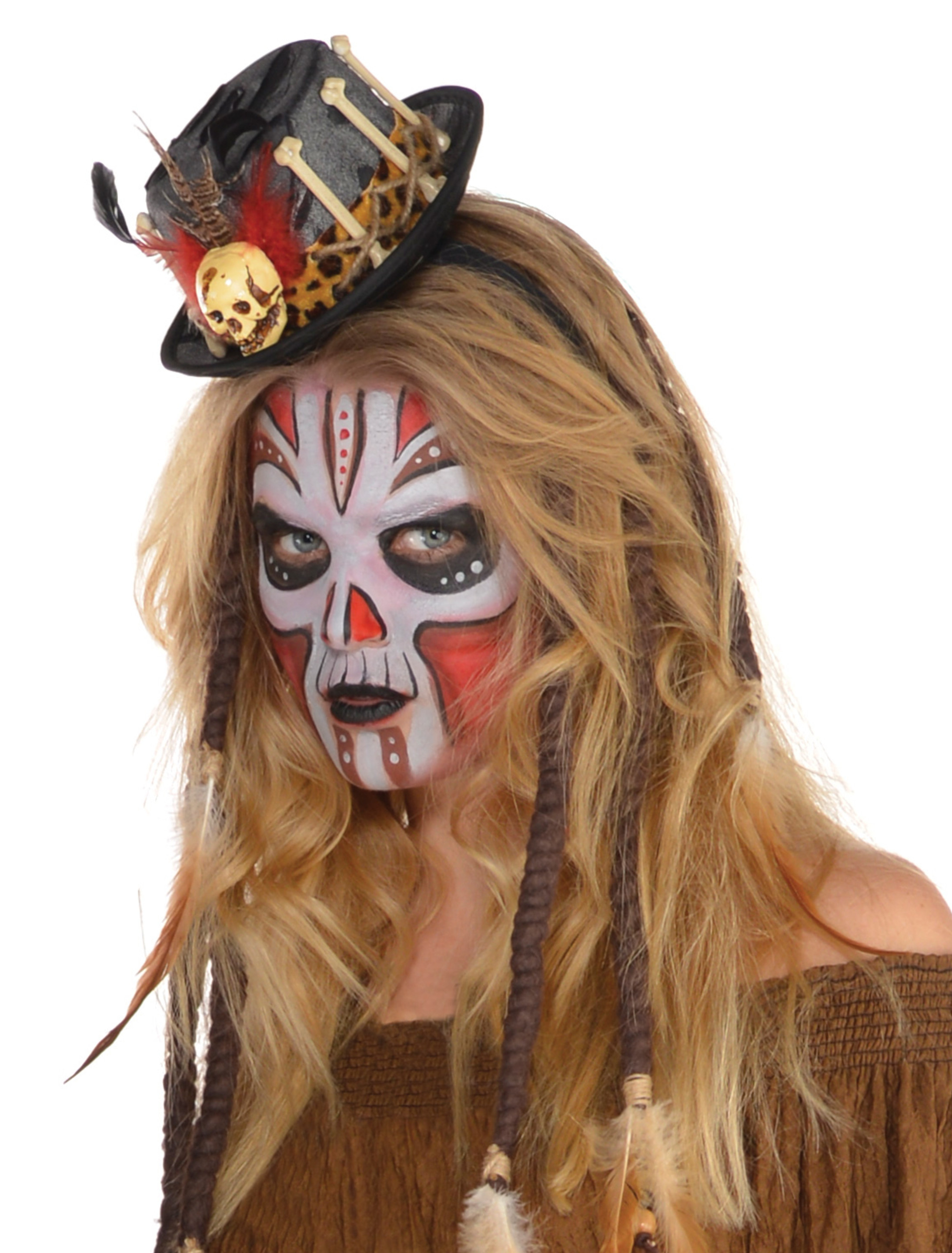 Kostümzubehör Haarreif Mini Zylinder schwarz/grau mit Knochen und Federn